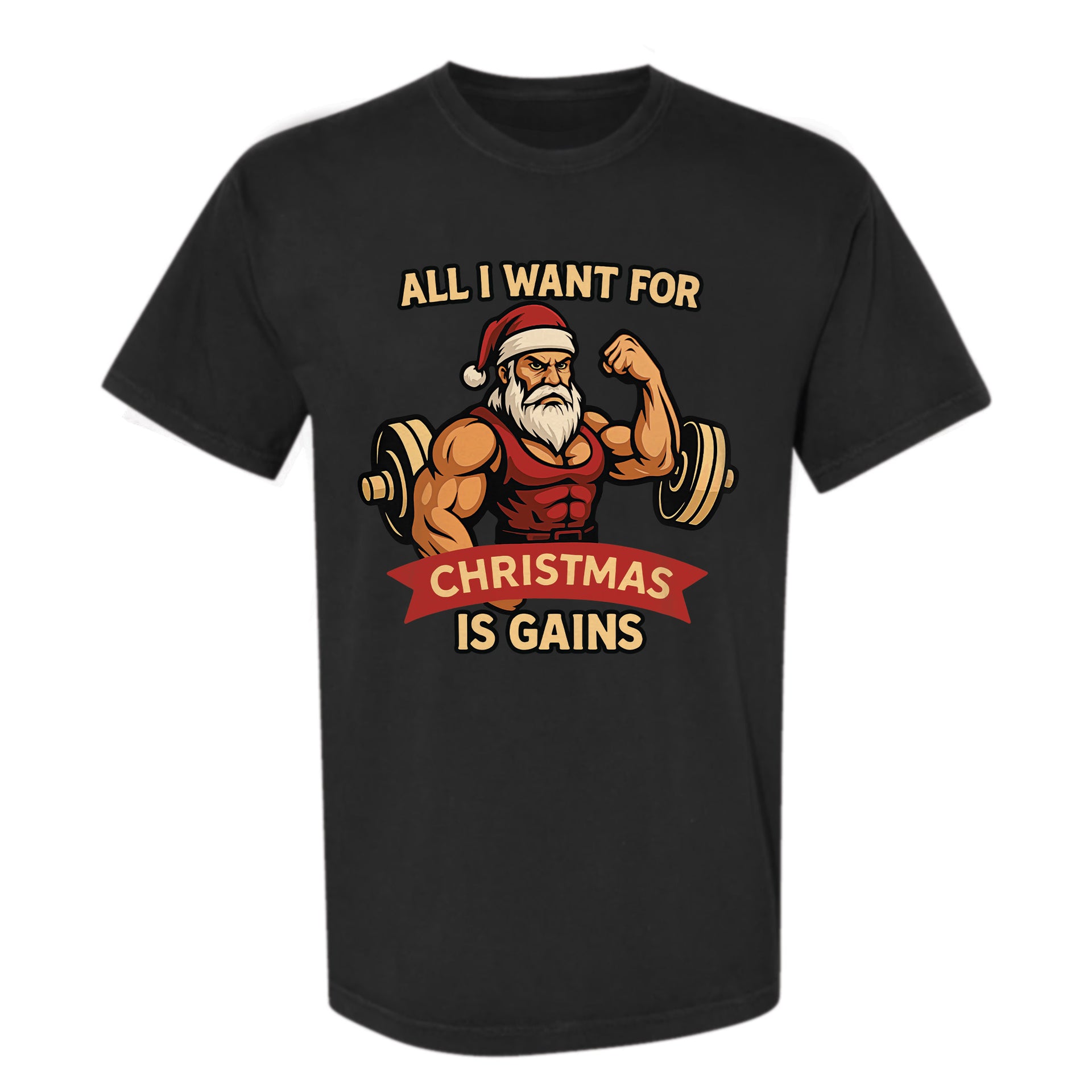 Black Christmas graphic t-shirt with text 'All I Want For Christmas Is Gains'