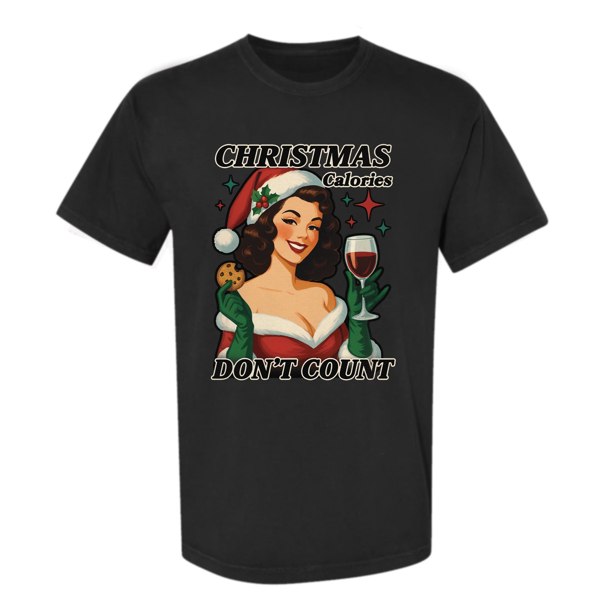 Black Christmas graphic t-shirt with text 'Christmas Calories, Don't Count'