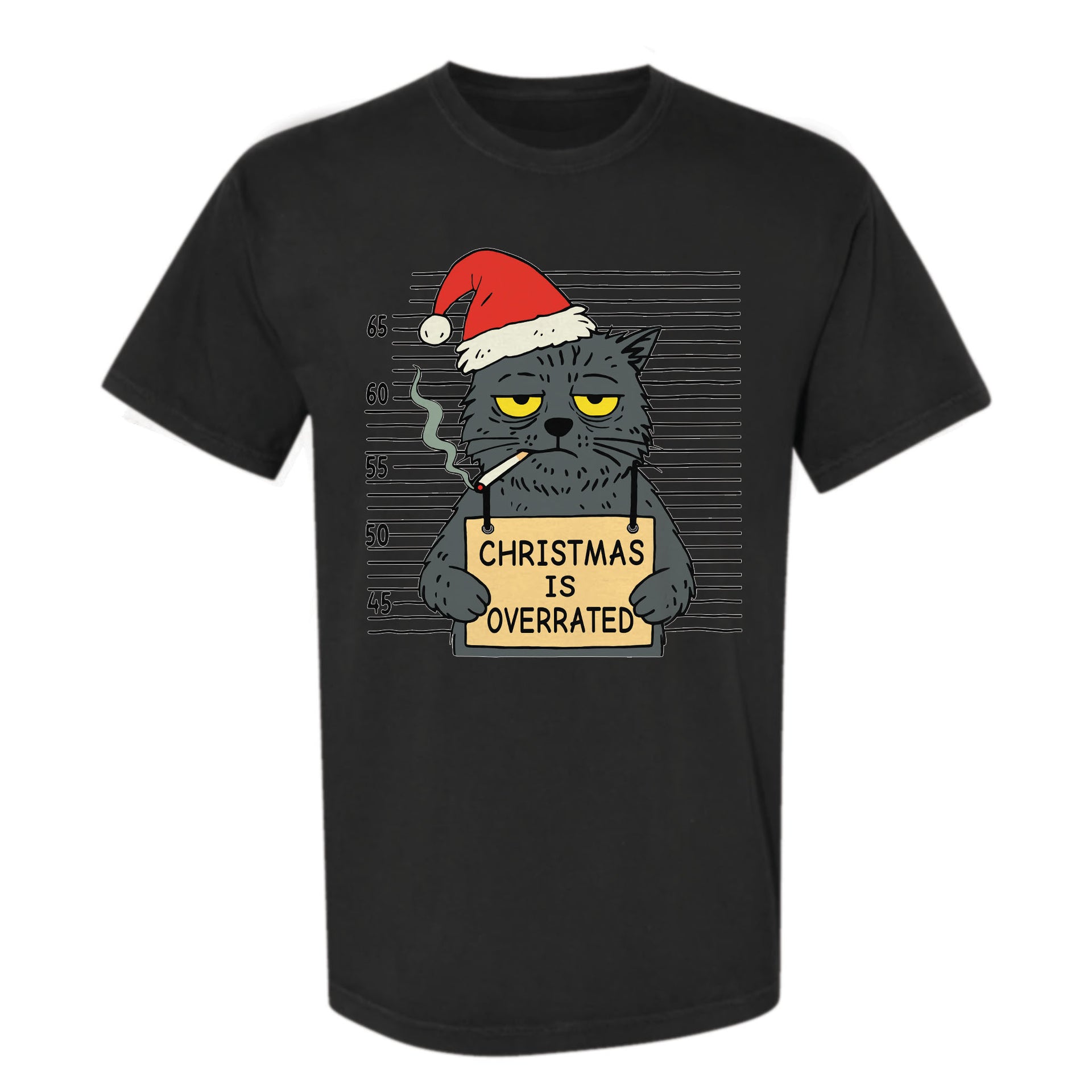 Black Christmas t-shirt with a graphic of a cat in a Santa hat holding a sign saying 'Christmas is Overrated'