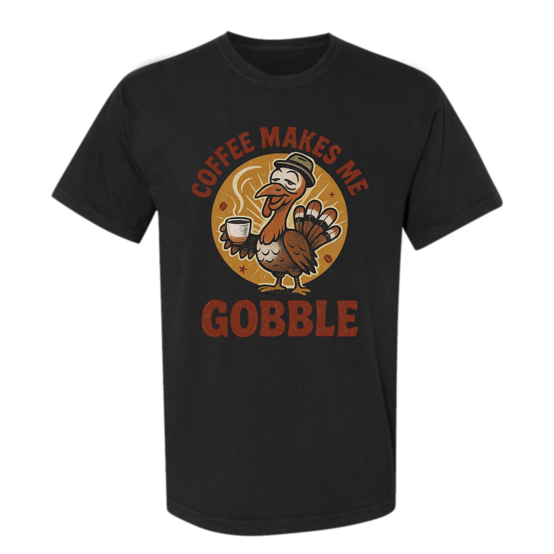 Black Thanksgiving graphic t-shirt with a turkey graphic and text 'Coffee Makes Me Gobble'.