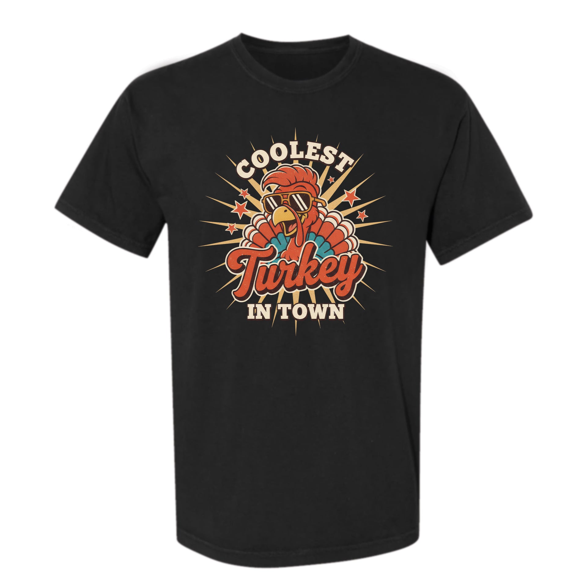 Black Thanksgiving graphic t-shirt with 'Coolest Turkey in Town' graphic design on a white background