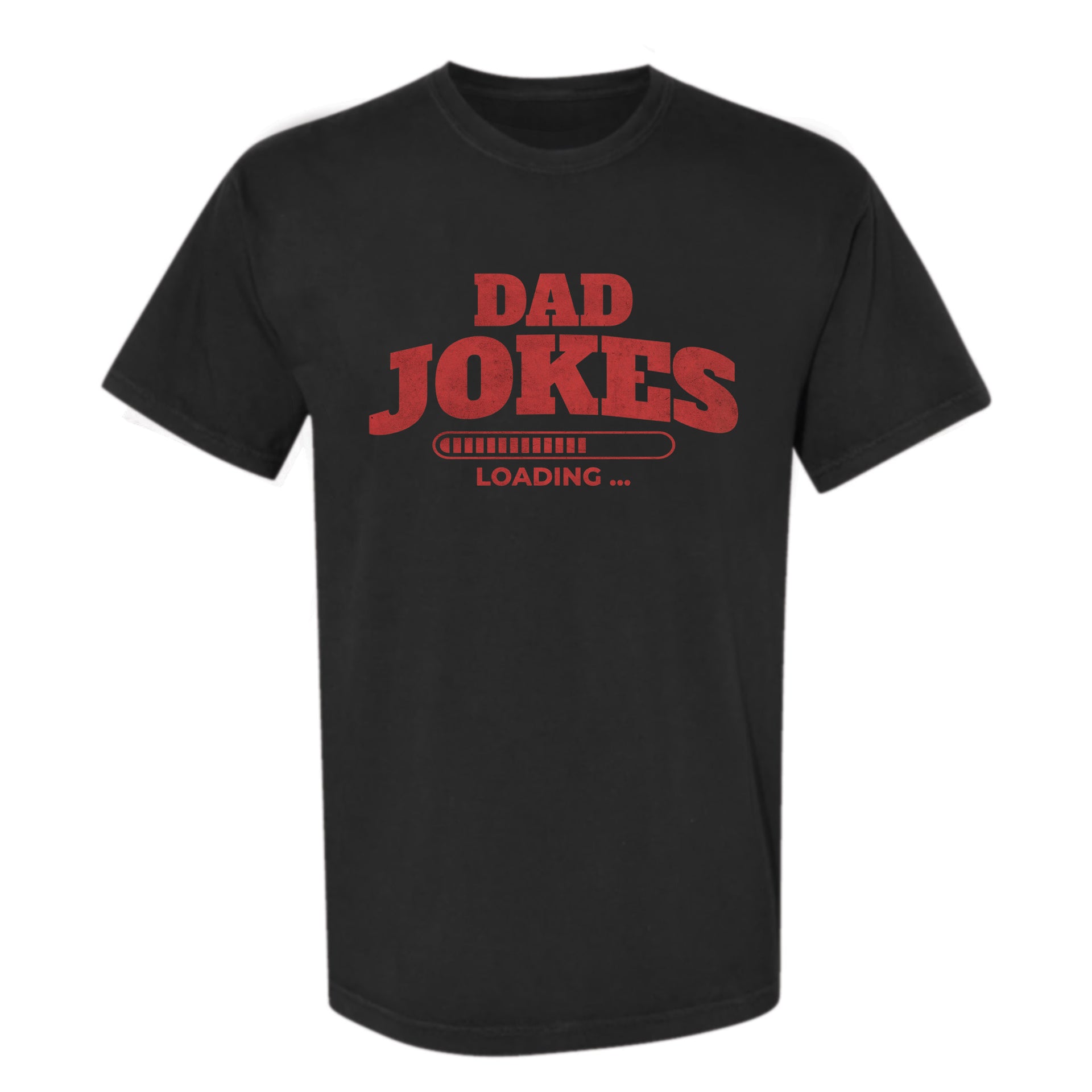 Black funny graphic t-shirt with red 'Dad Jokes Loading' text