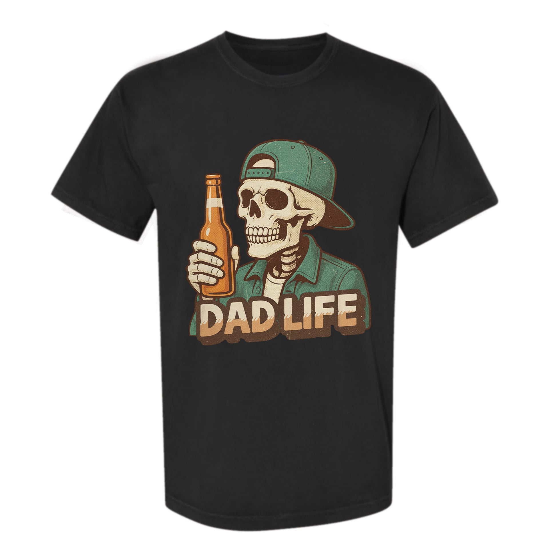 Black funny graphic t-shirt with a graphic of a skeleton wearing a cap and holding a beer bottle, labeled "Dad Life".