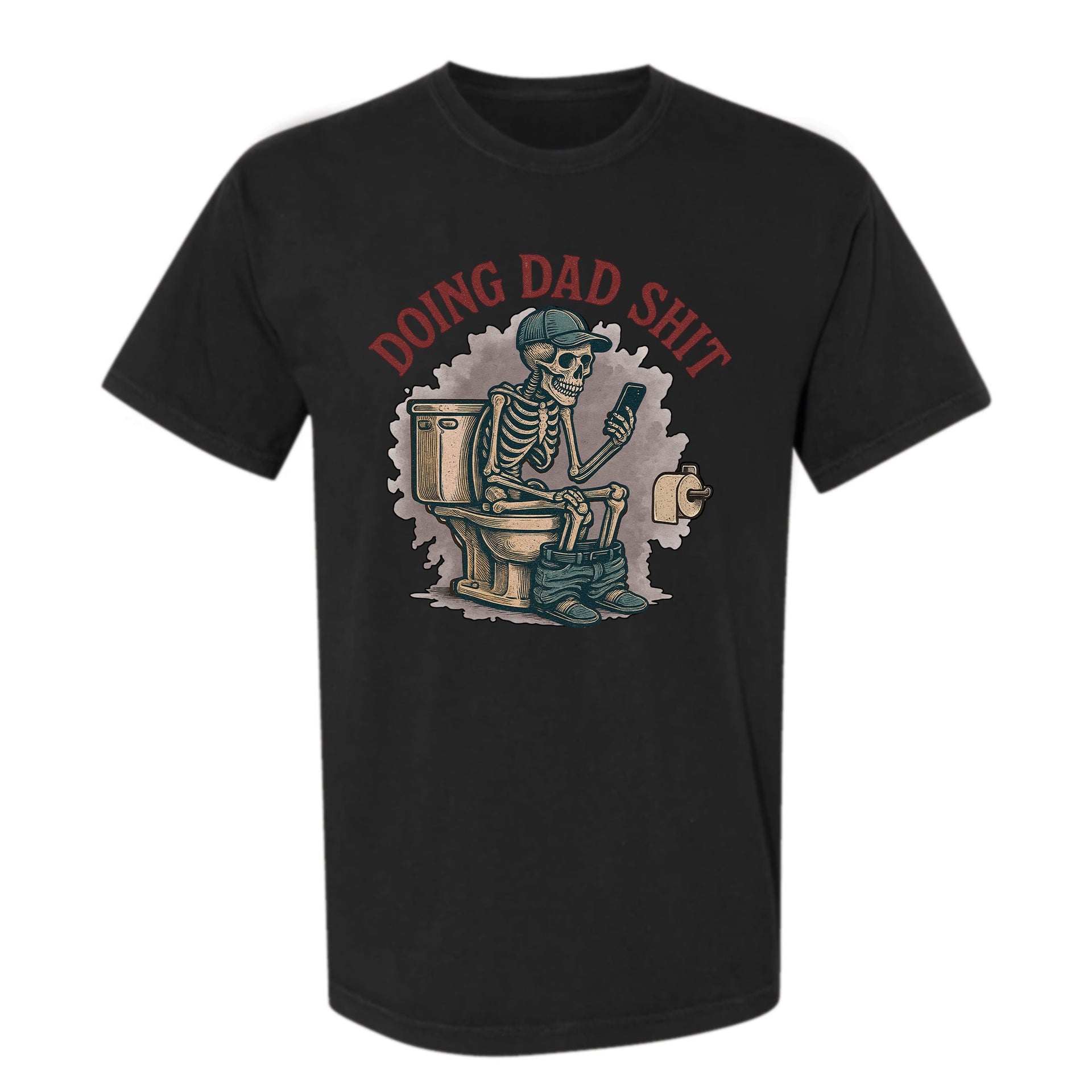 Black funny graphic t-shirt with a skeleton graphic and text 'DOING DAD SHIT'