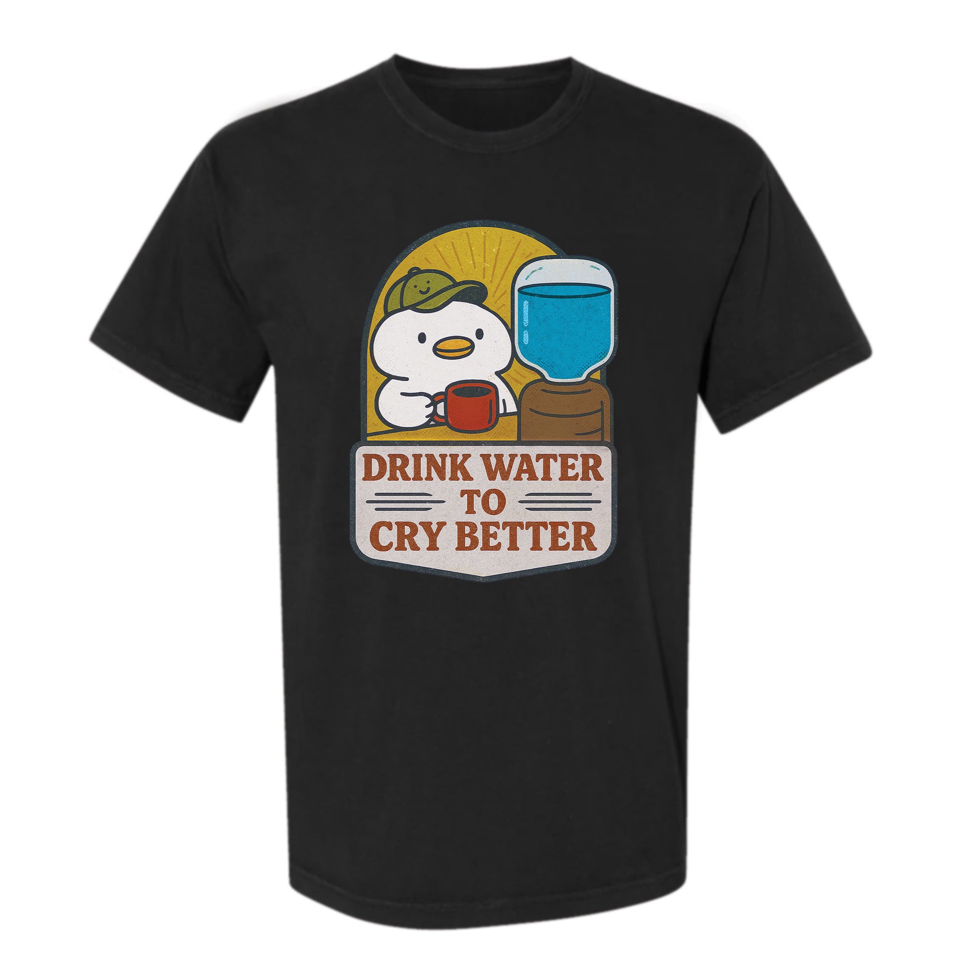 Black funny graphic t-shirt with a graphic of a cartoon character, glass of water, and text "Drink Water to Cry Better".