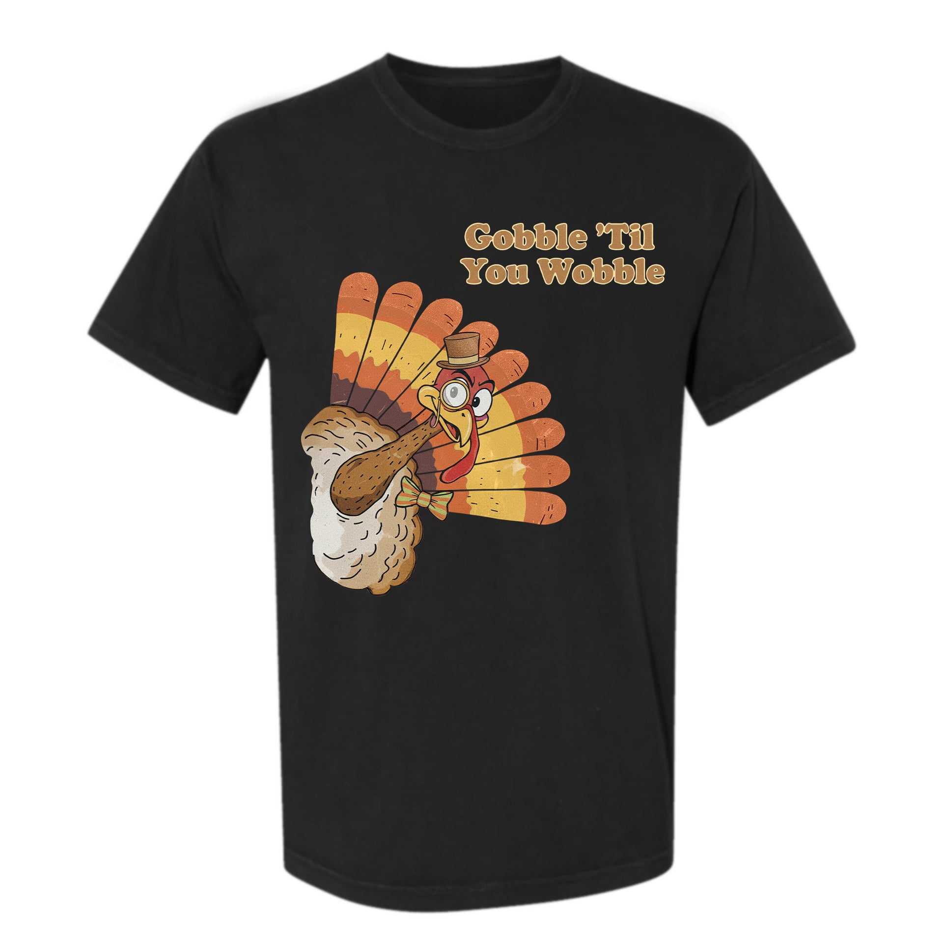 Black Thanksgiving graphic t-shirt with a cartoon turkey and text 'Gobble 'Til You Wobble'.