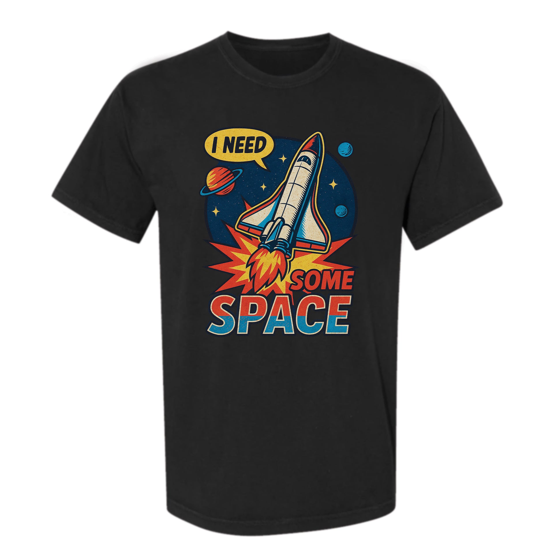 Black funny graphic t-shirt with space-themed graphic and text 'I NEED SOME SPACE'