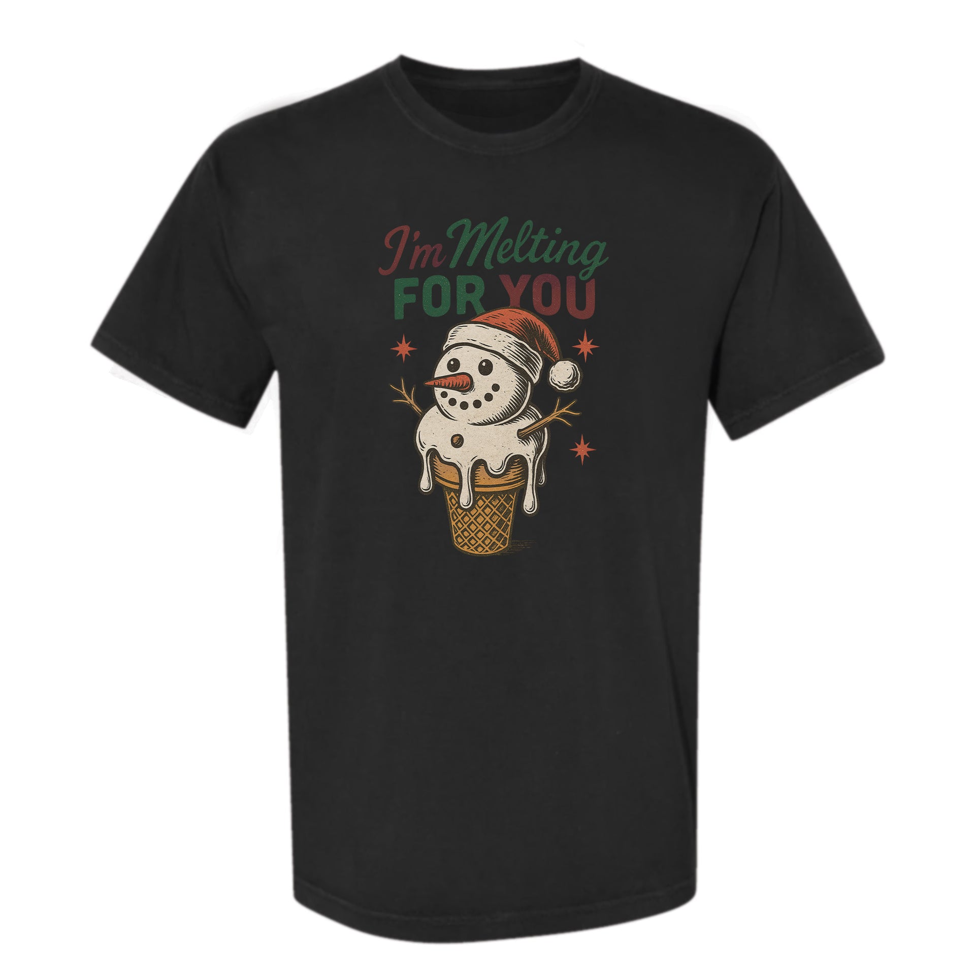 Black Christmas graphic t-shirt with a snowman in an ice cream cone graphic and text "I'm Melting For You".