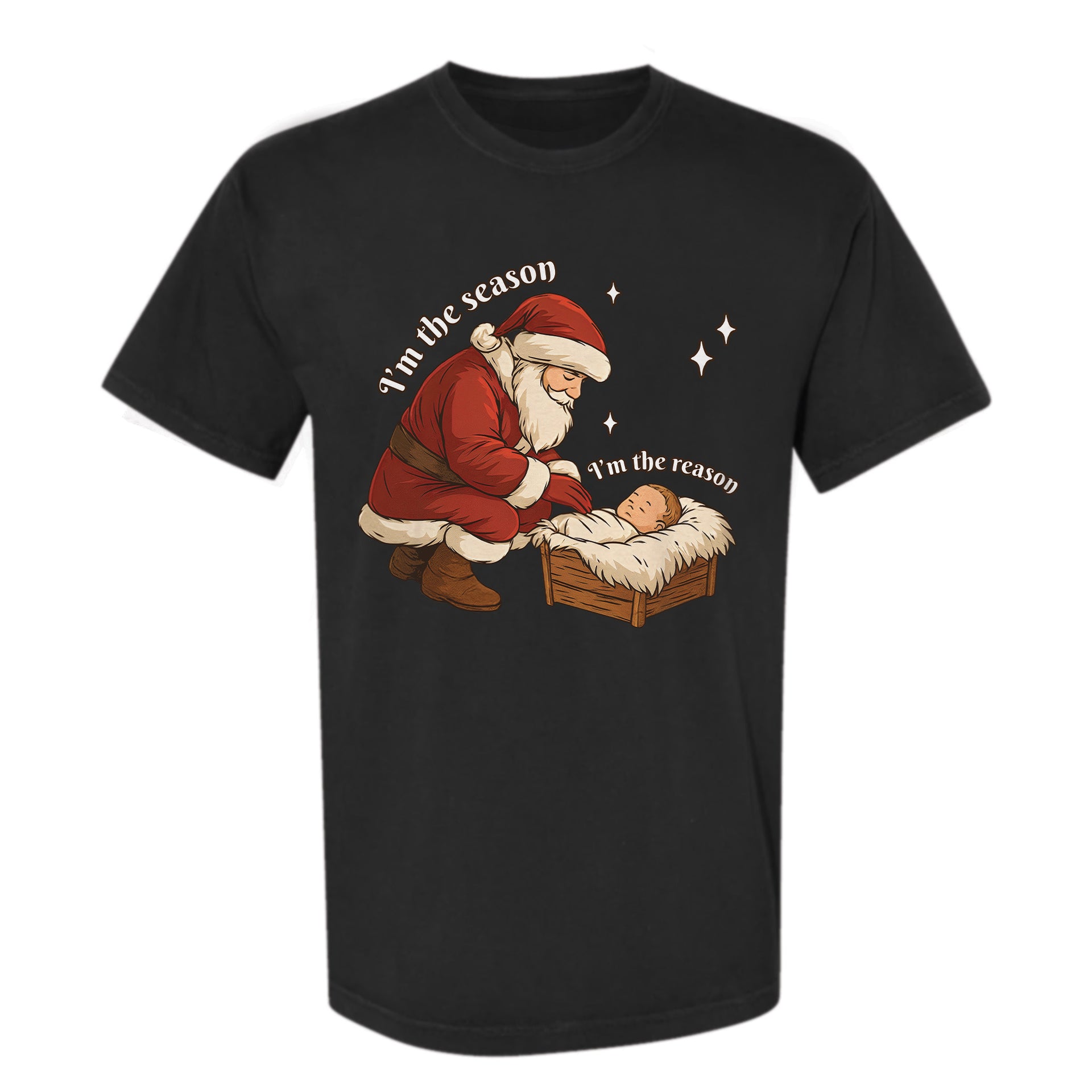 Black Christmas graphic t-shirt with Santa, baby and text 'I'm The Season I'm The Reason'
