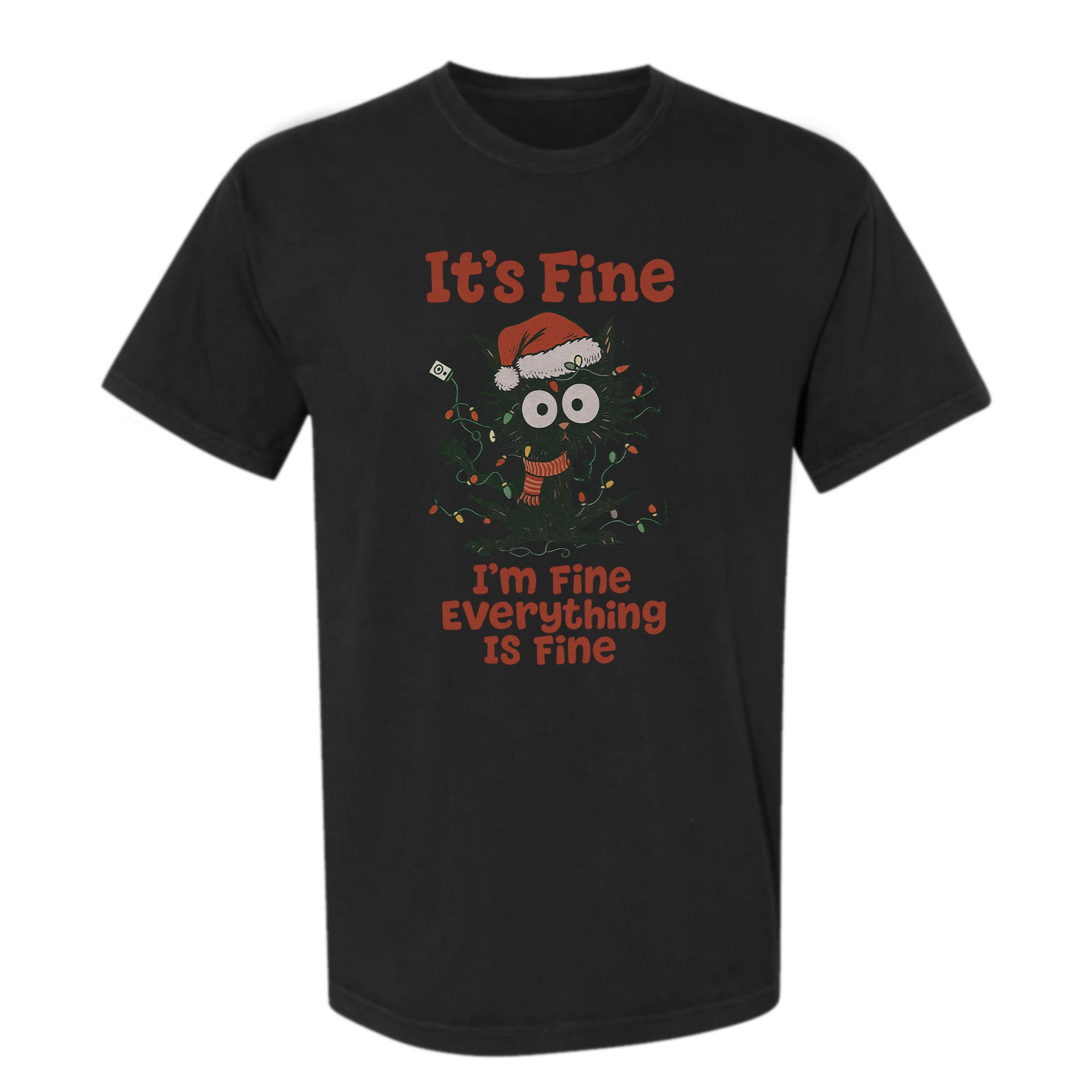 Black Christmas graphic t-shirt with funny black cat wearing Santa hat and tangled lights, featuring the text 'It’s Fine I’m Fine Everything Is Fine'.