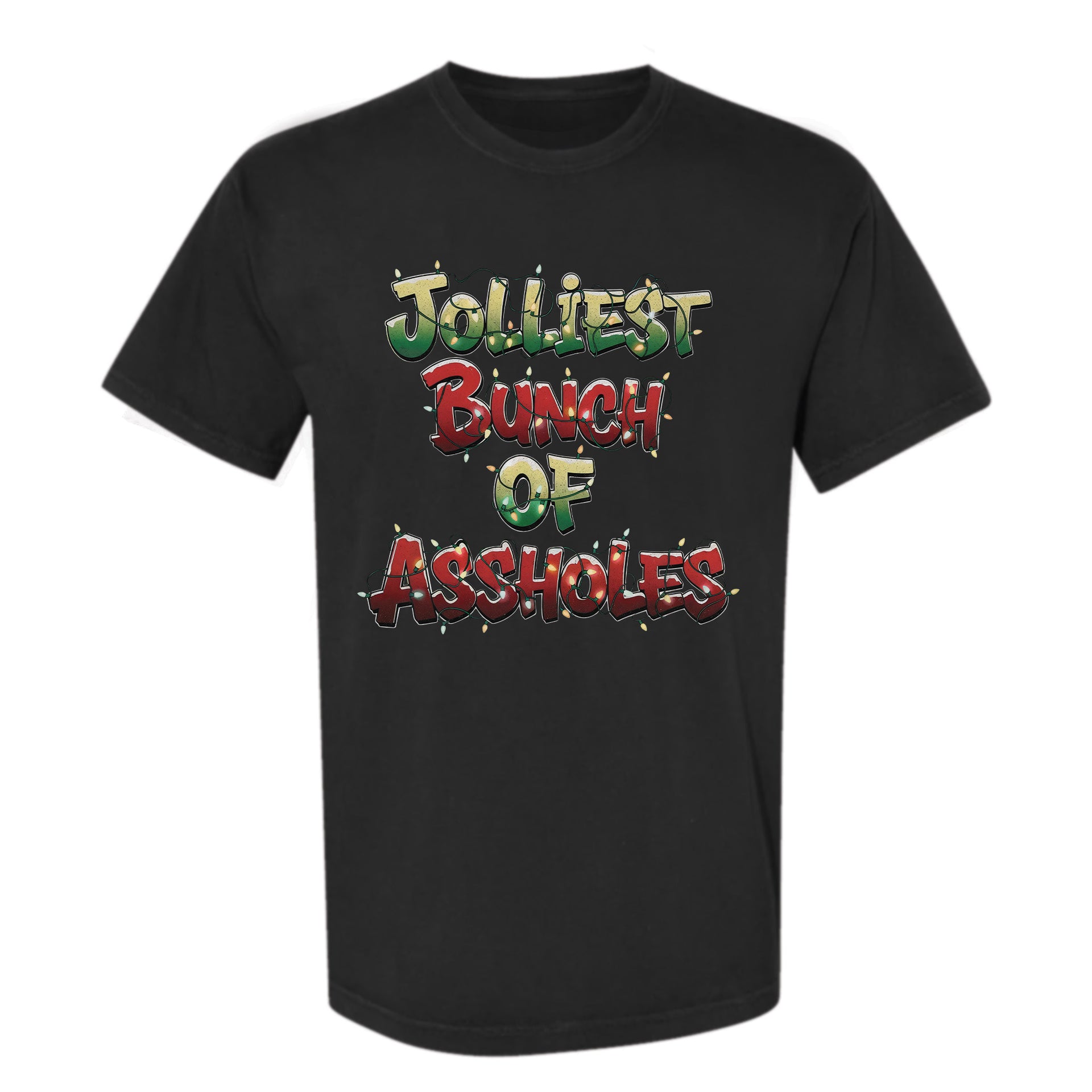 Black Christmas graphic t-shirt with the text 'Jolliest Bunch of Assholes' in festive holiday lights design.