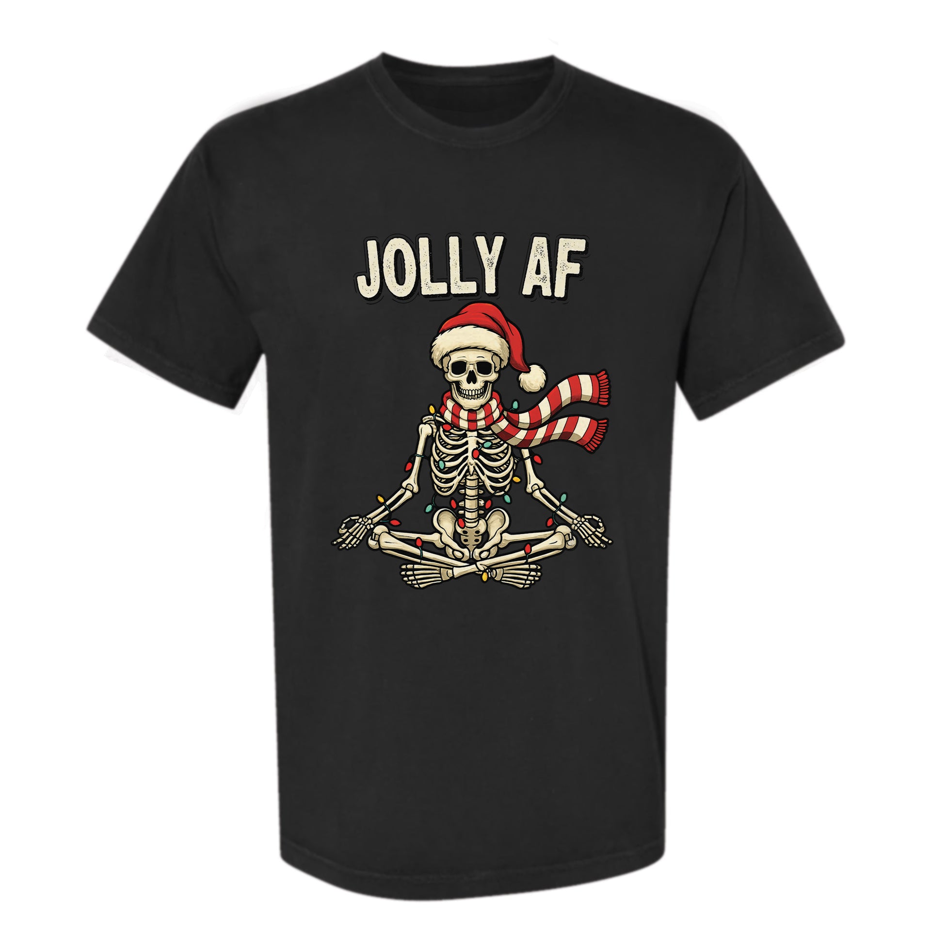Black Christmas graphic t-shirt with a skeleton wearing a Santa hat and scarf, wrapped in lights, and text ‘Jolly AF’.