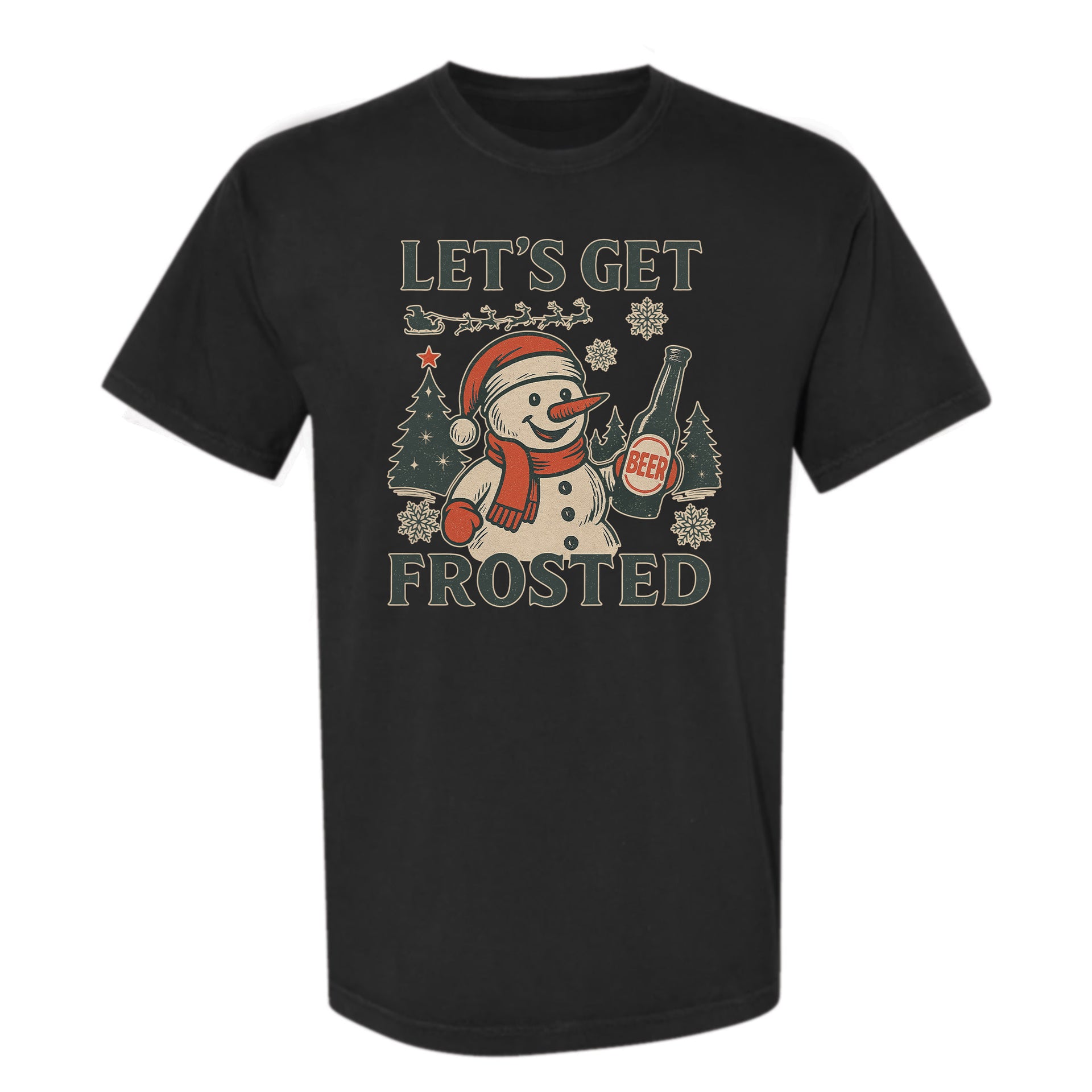 Black Christmas graphic t-shirt with text 'Let's Get Frosted'