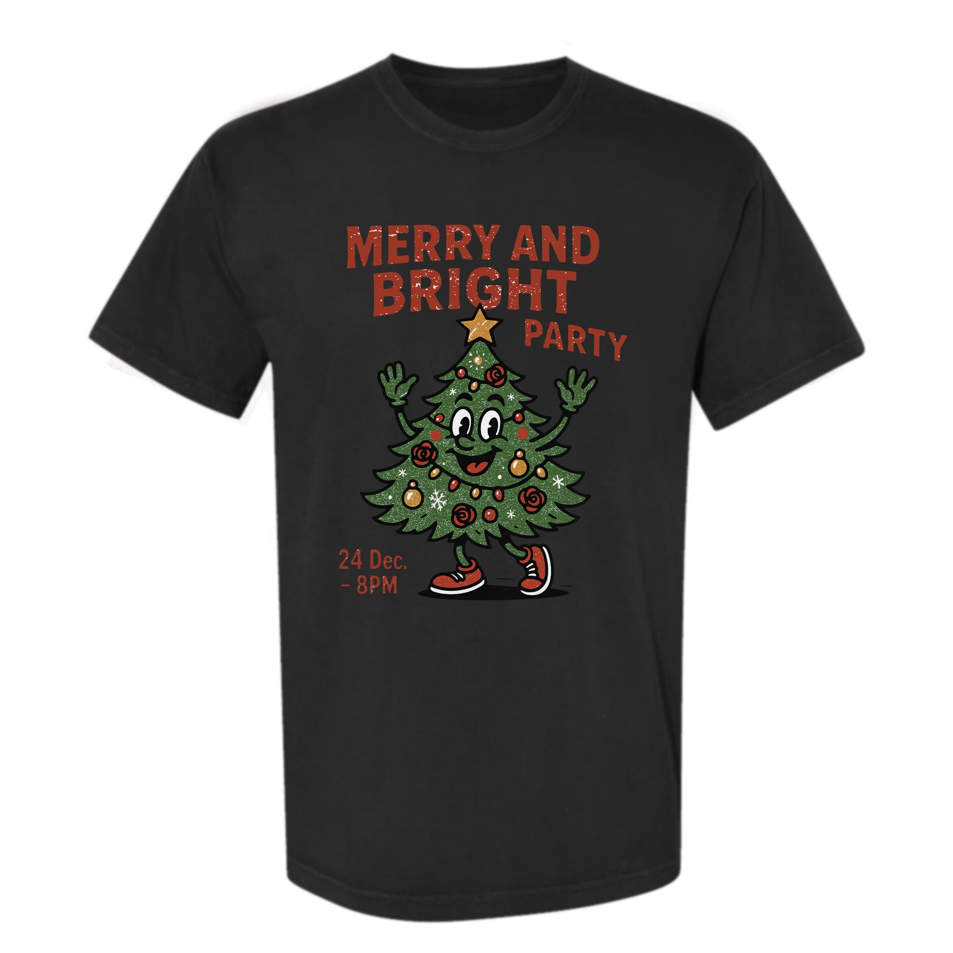 Black Christmas t-shirt with a Christmas tree design and text 'Merry And Bright Party'