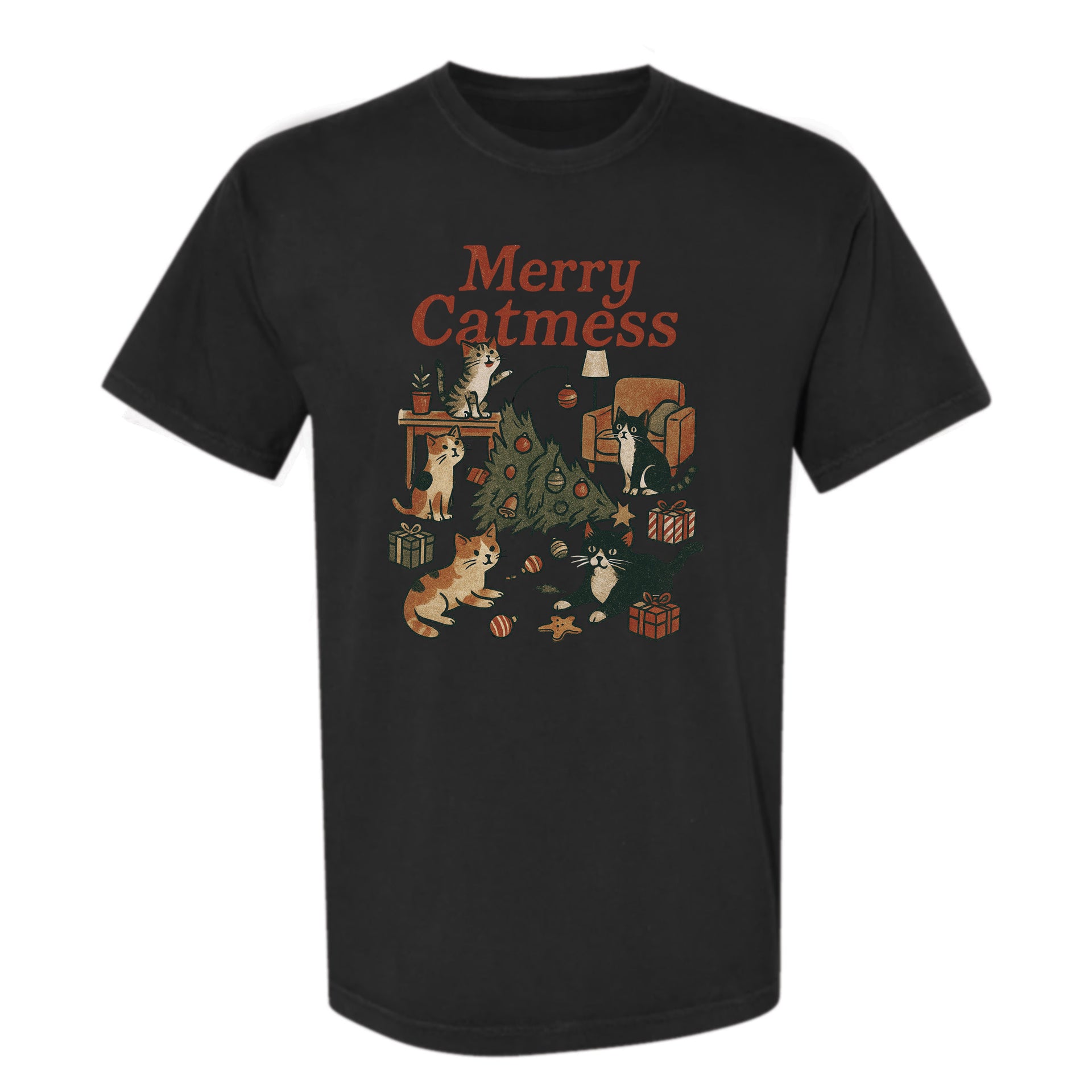 Black Christmas graphic t-shirt with text 'Merry Catmess' featuring cats around a Christmas tree.