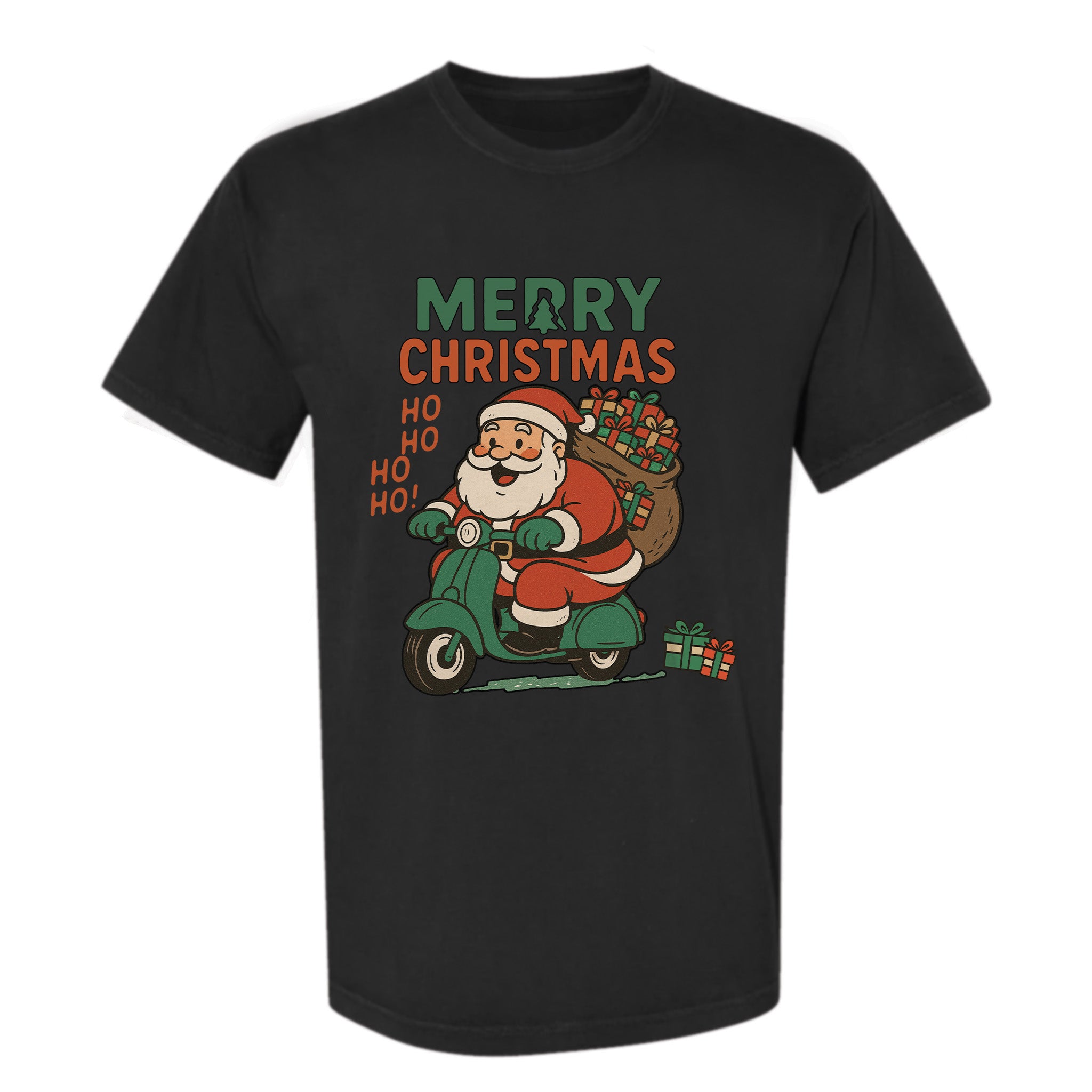 Black Christmas graphic t-shirt with retro Santa on green scooter carrying gifts, text: "MERRY CHRISTMAS HO HO HO HO!"