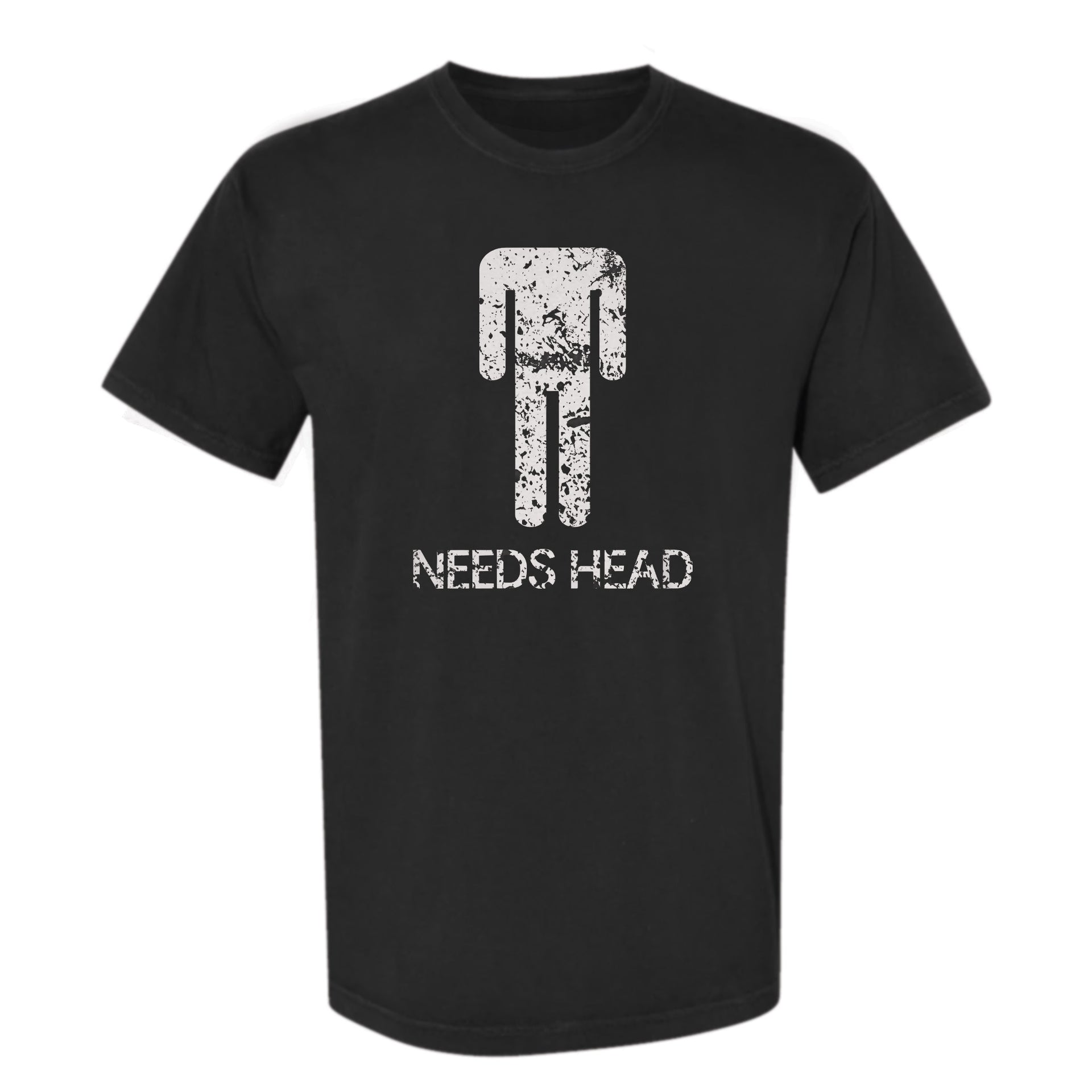 Black funny graphic t-shirt with white graphic design and text "Needs Head"