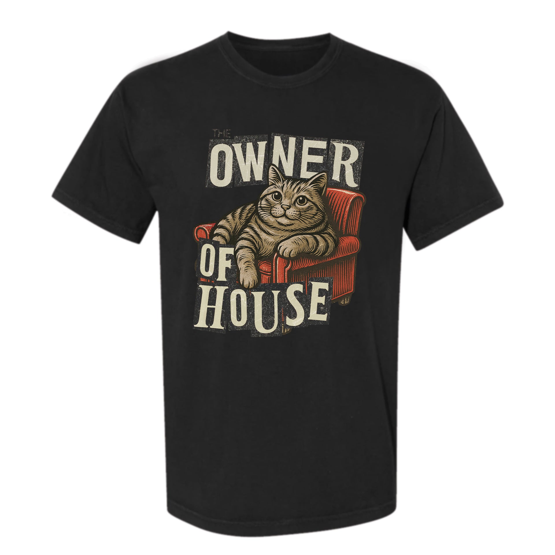Black funny graphic t-shirt with a cat graphic and "Owner of House" text 