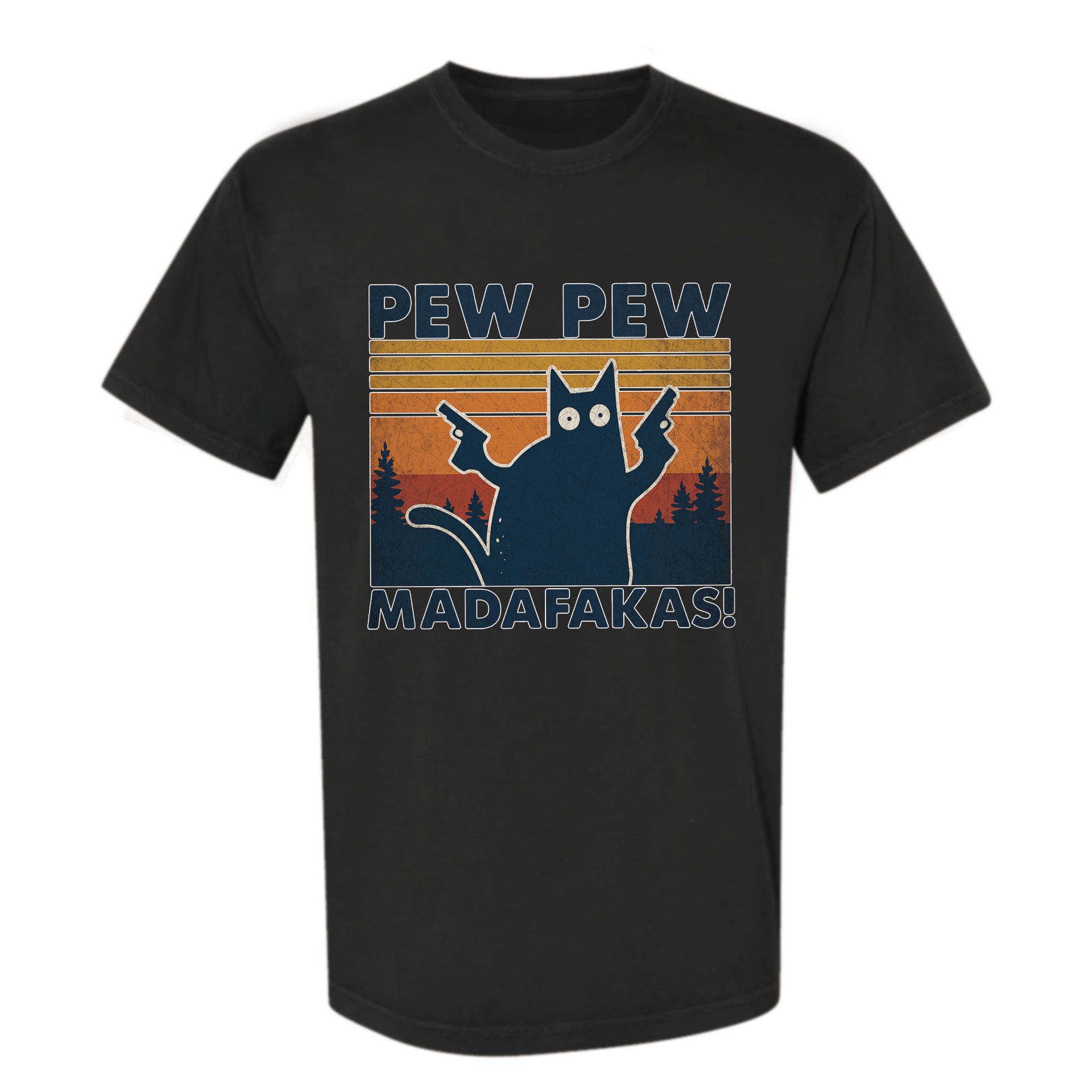 Black funny graphic t-shirt with a graphic of a cat holding a gun and text "Pew Pew Madafakas!"