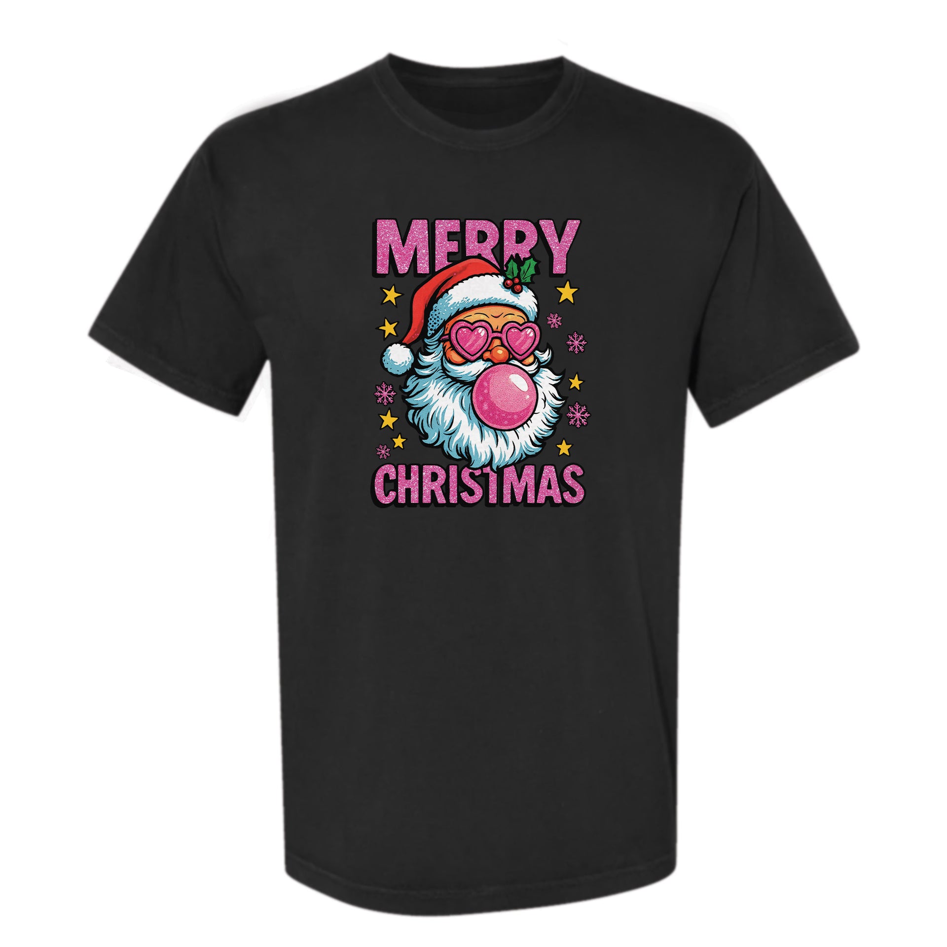 Black Christmas graphic t-shirt featuring Santa with heart-shaped glasses blowing pink bubbles and the text 'Merry Christmas'.