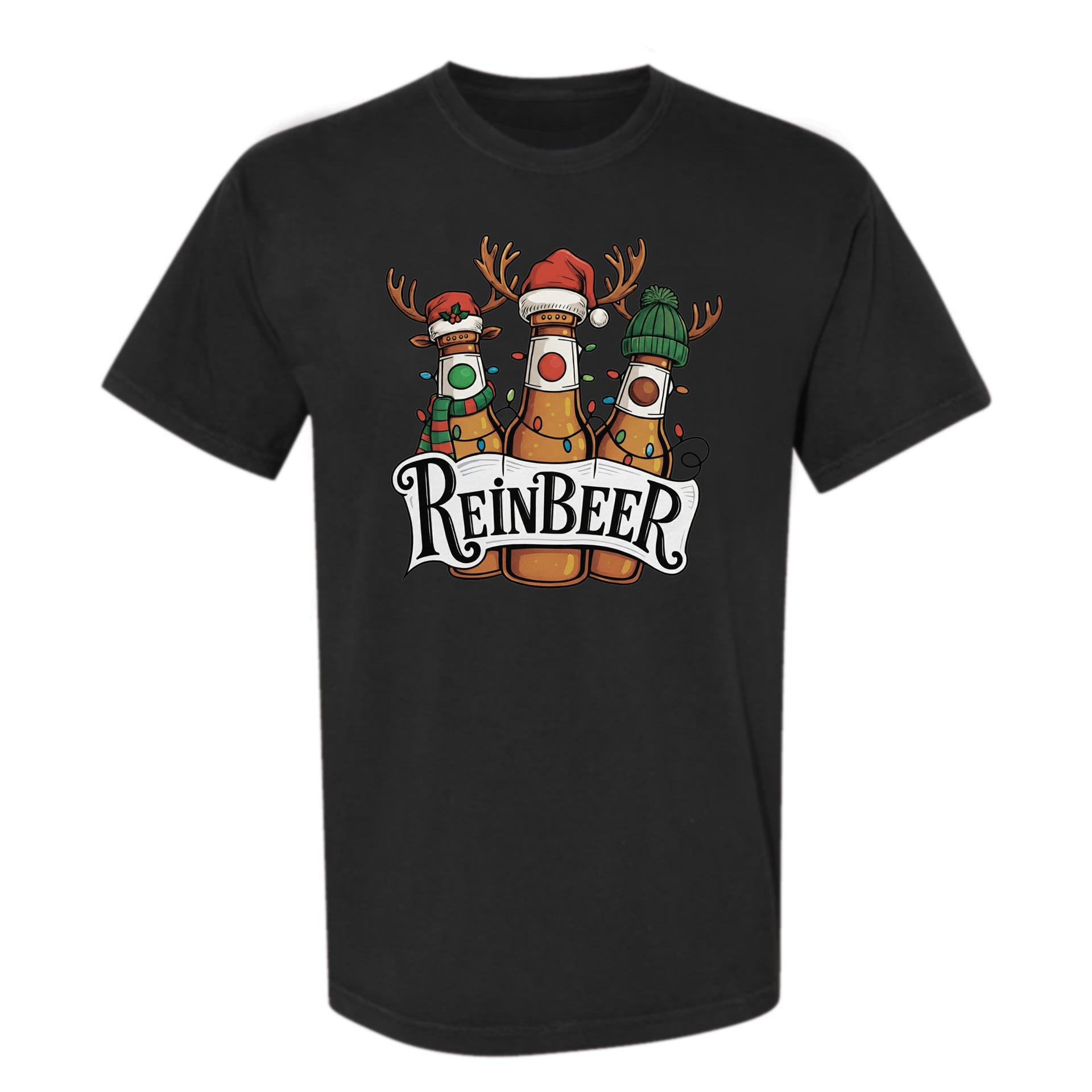 Black Christmas graphic t-shirt with text "Reinbeer" featuring bottles of beer with antlers and Christmas hats.