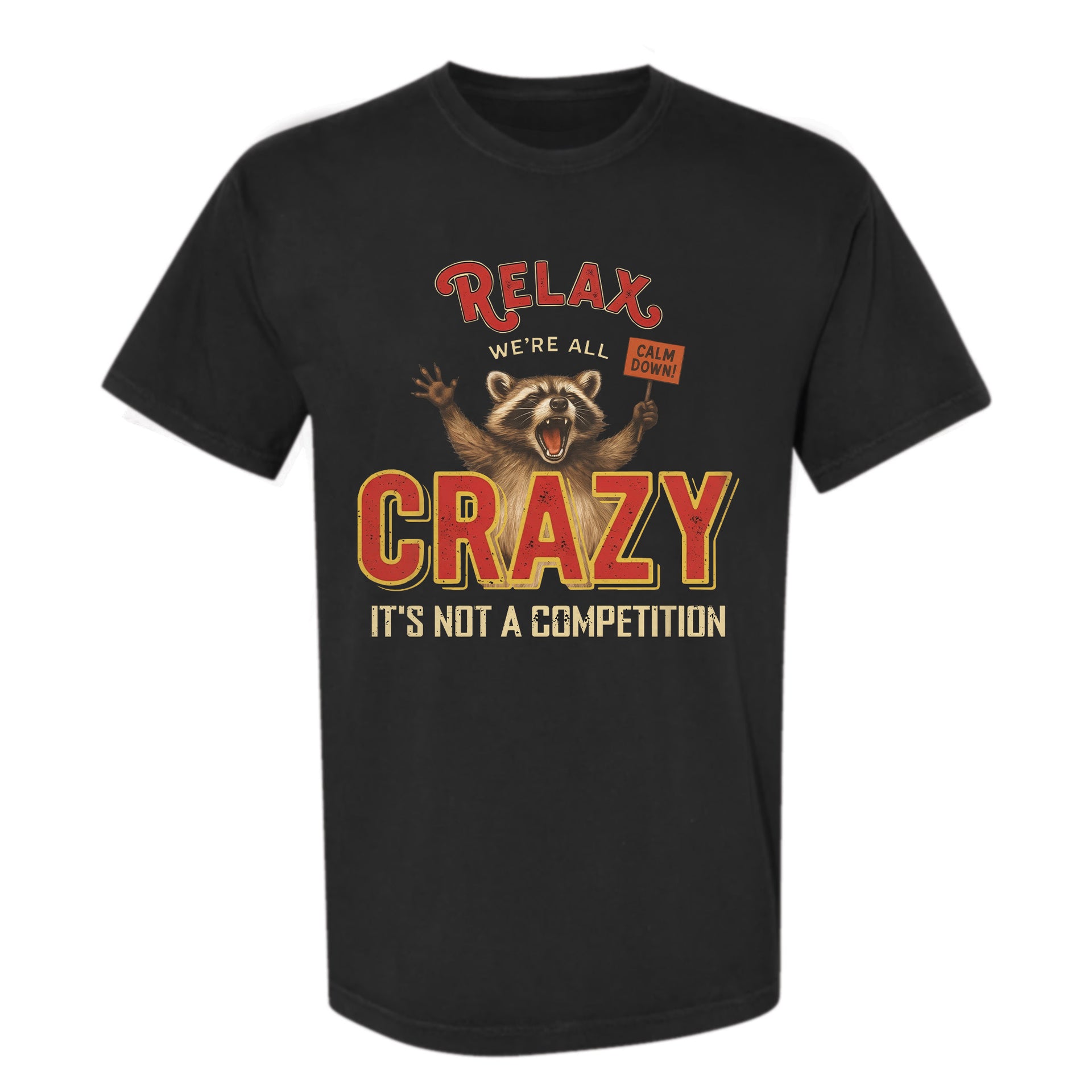 Black funny graphic t-shirt with a graphic of a raccoon and text "Relax We're All Crazy It's Not A Competition"