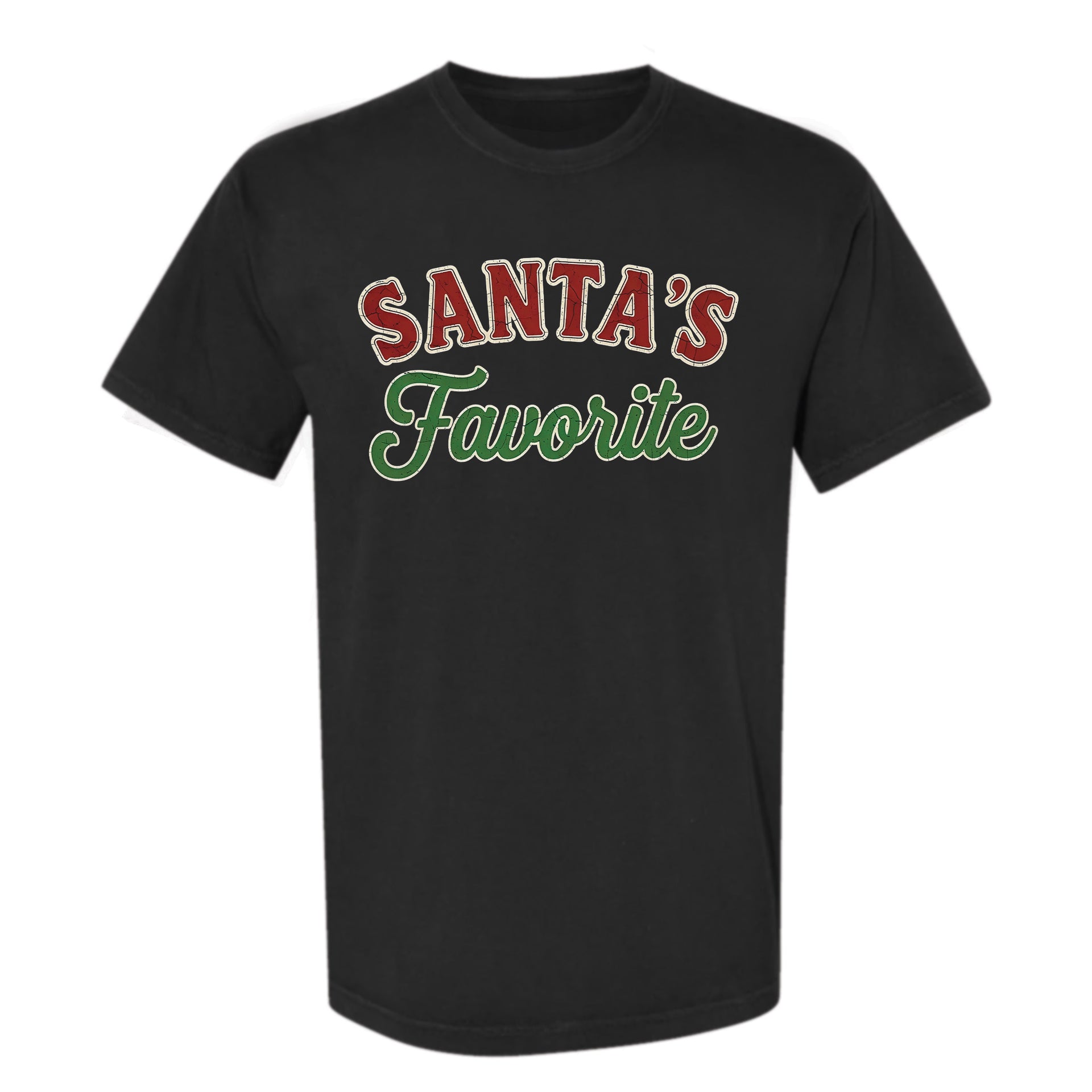 Black Christmas graphic t-shirt with text "Santa's Favorite".