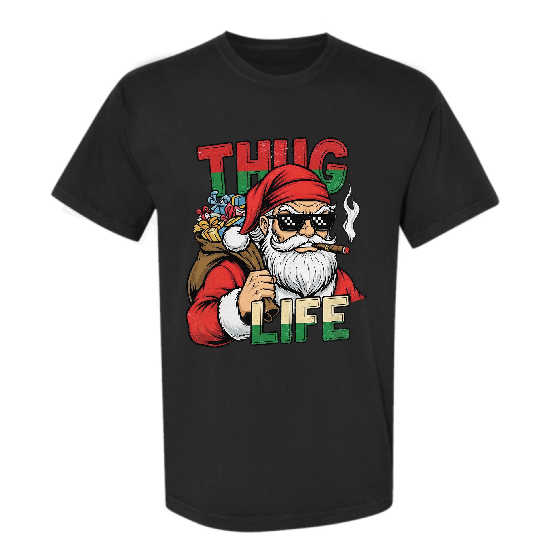 Black Christmas graphic t-shirt with a swag Santa Claus graphic and 'Thug Life' text.
