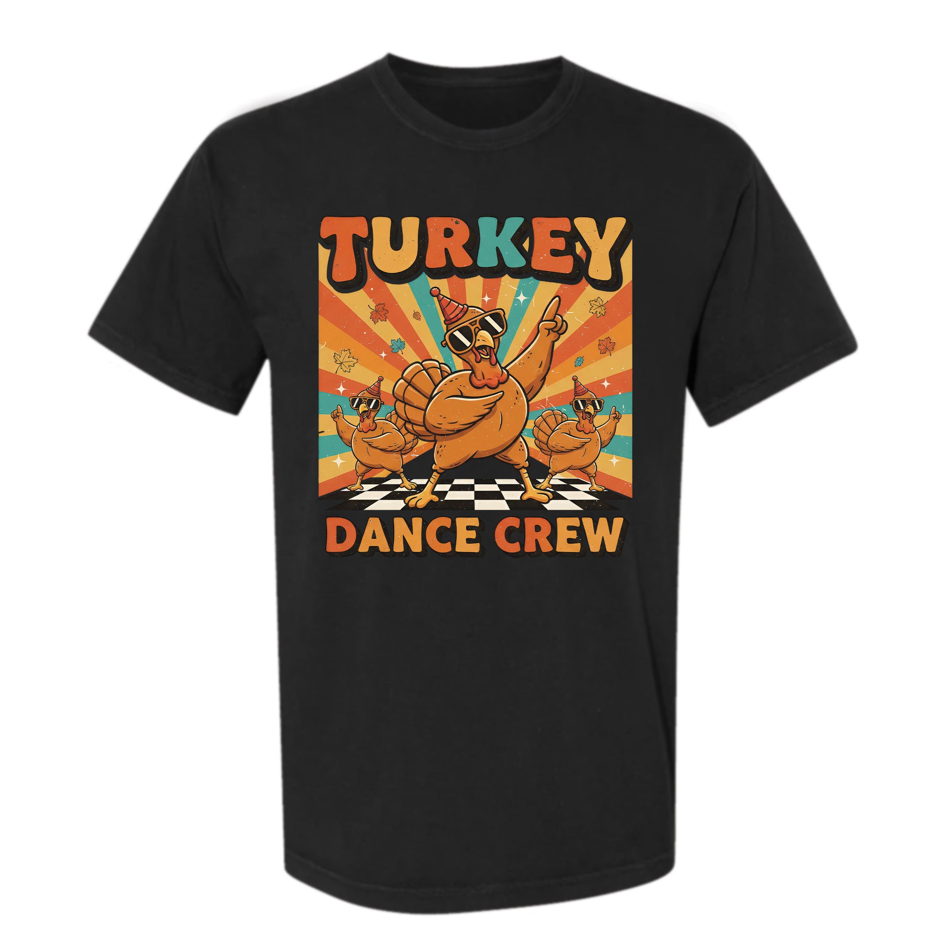 Black Thanksgiving graphic t-shirt with a 'Turkey Dance Crew' graphic design on a white background