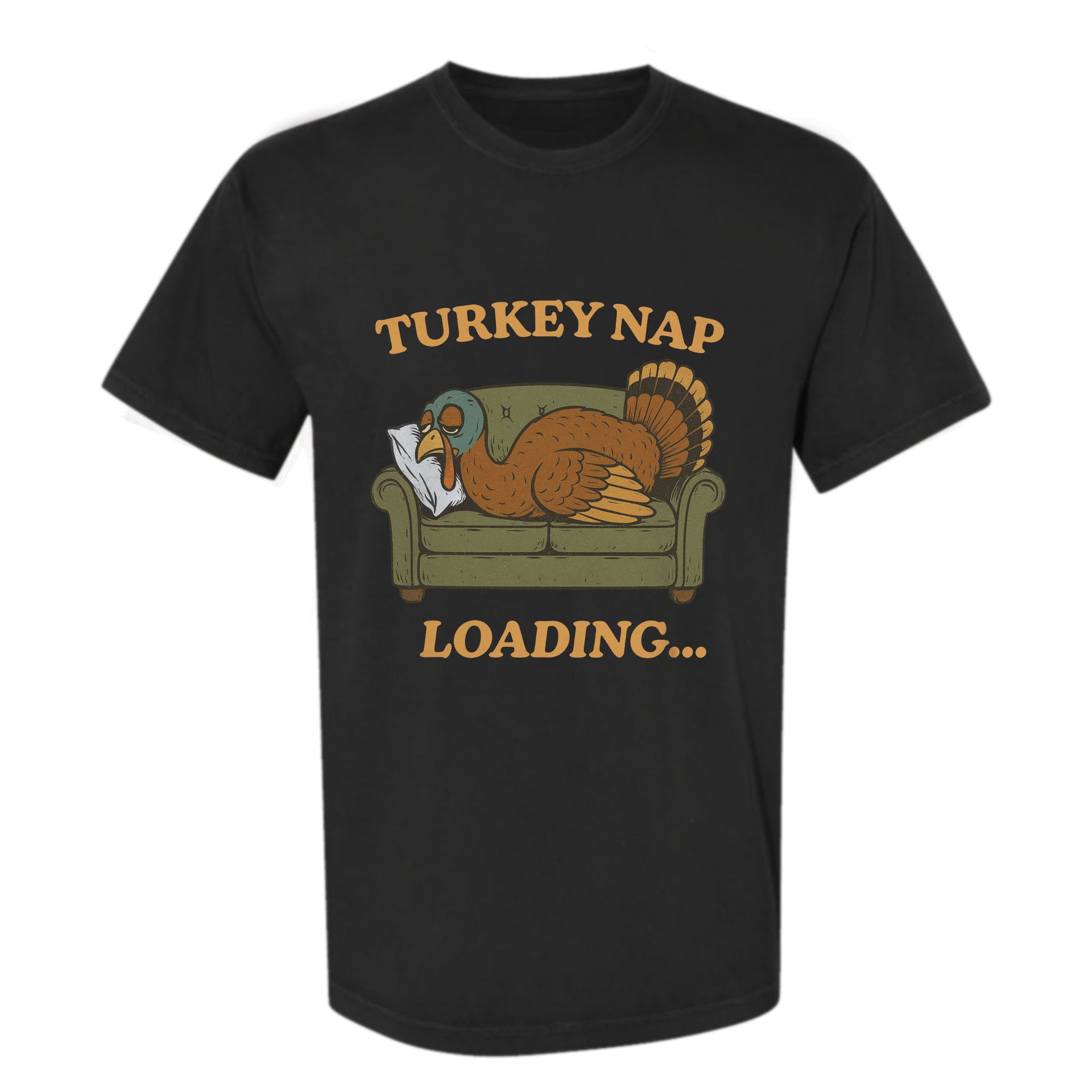 Black Thanksgiving t-shirt with a graphic of a turkey on a couch and text 'Turkey Nap Loading...' on a white background