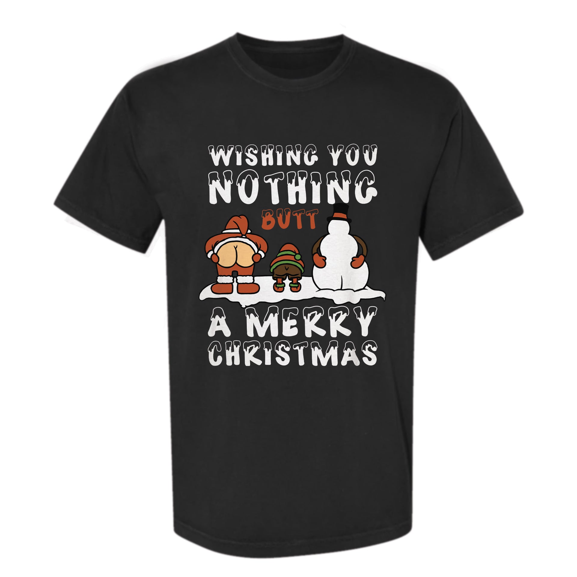 Black Christmas graphic t-shirt with Christmas-themed graphic and text.