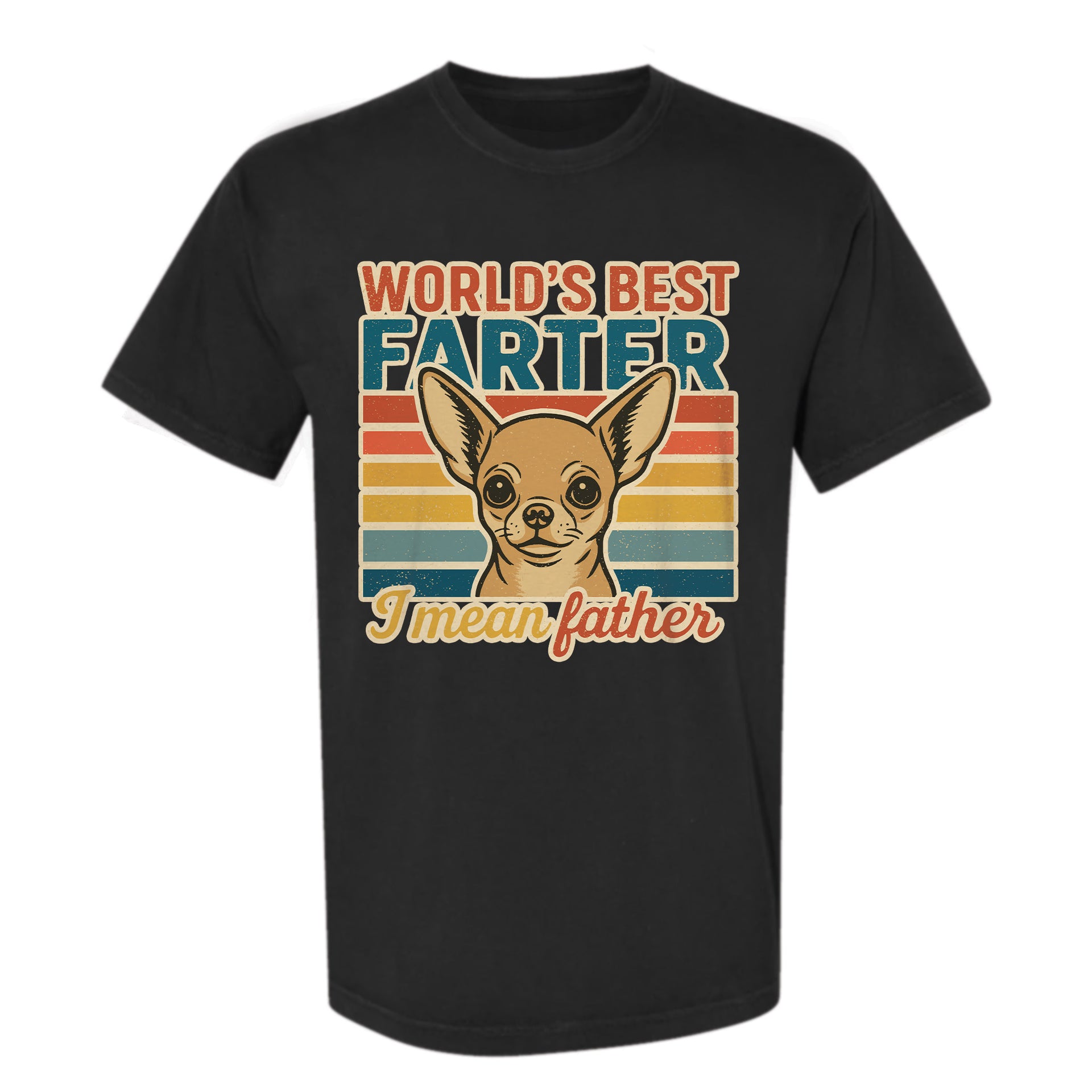 Black funny graphic t-shirt with dog and text 'World's Best Farter I Mean Father'