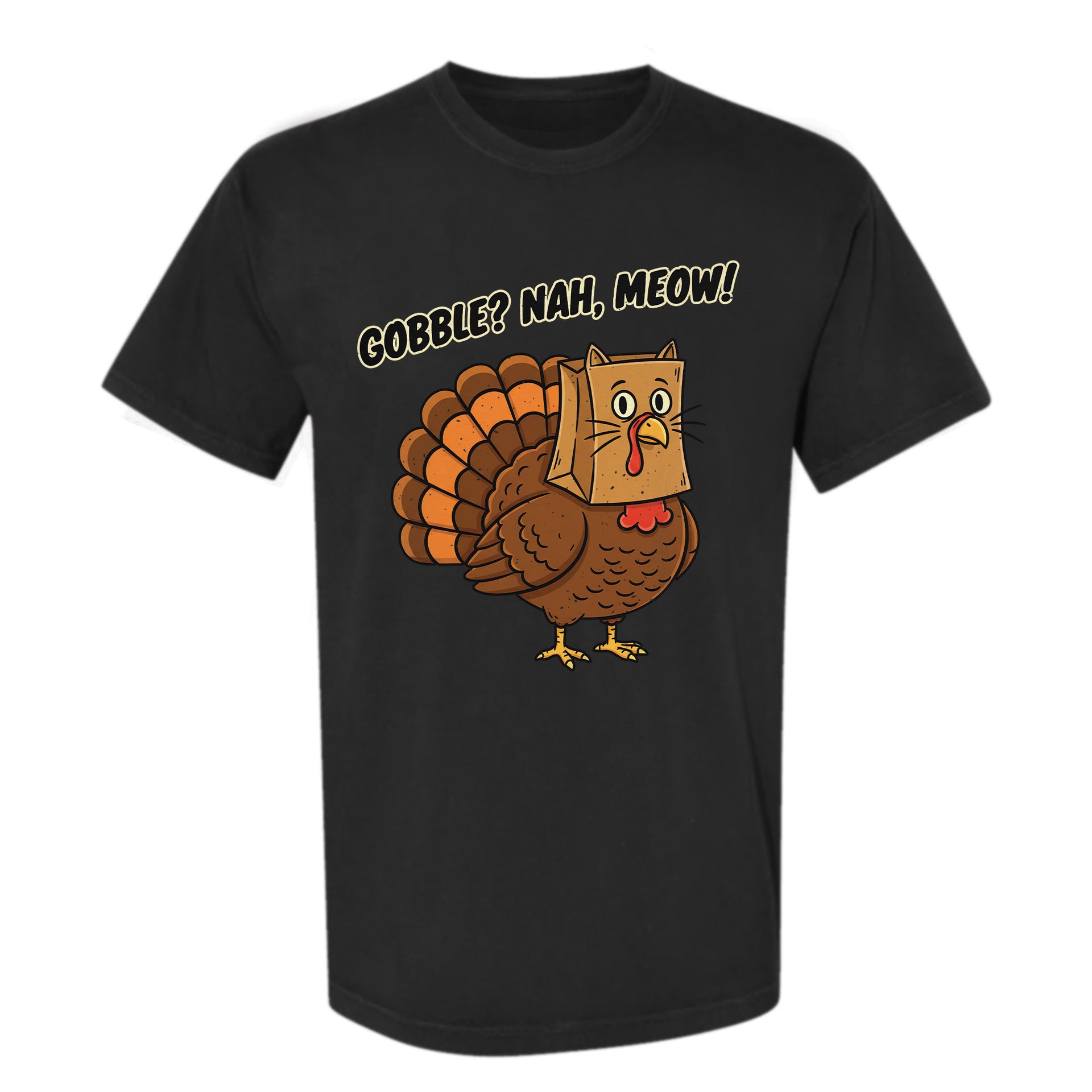 Black Thanksgiving t-shirt with a cartoon turkey wearing a cat mask and text 'Gobble? Nah, Meow!' 