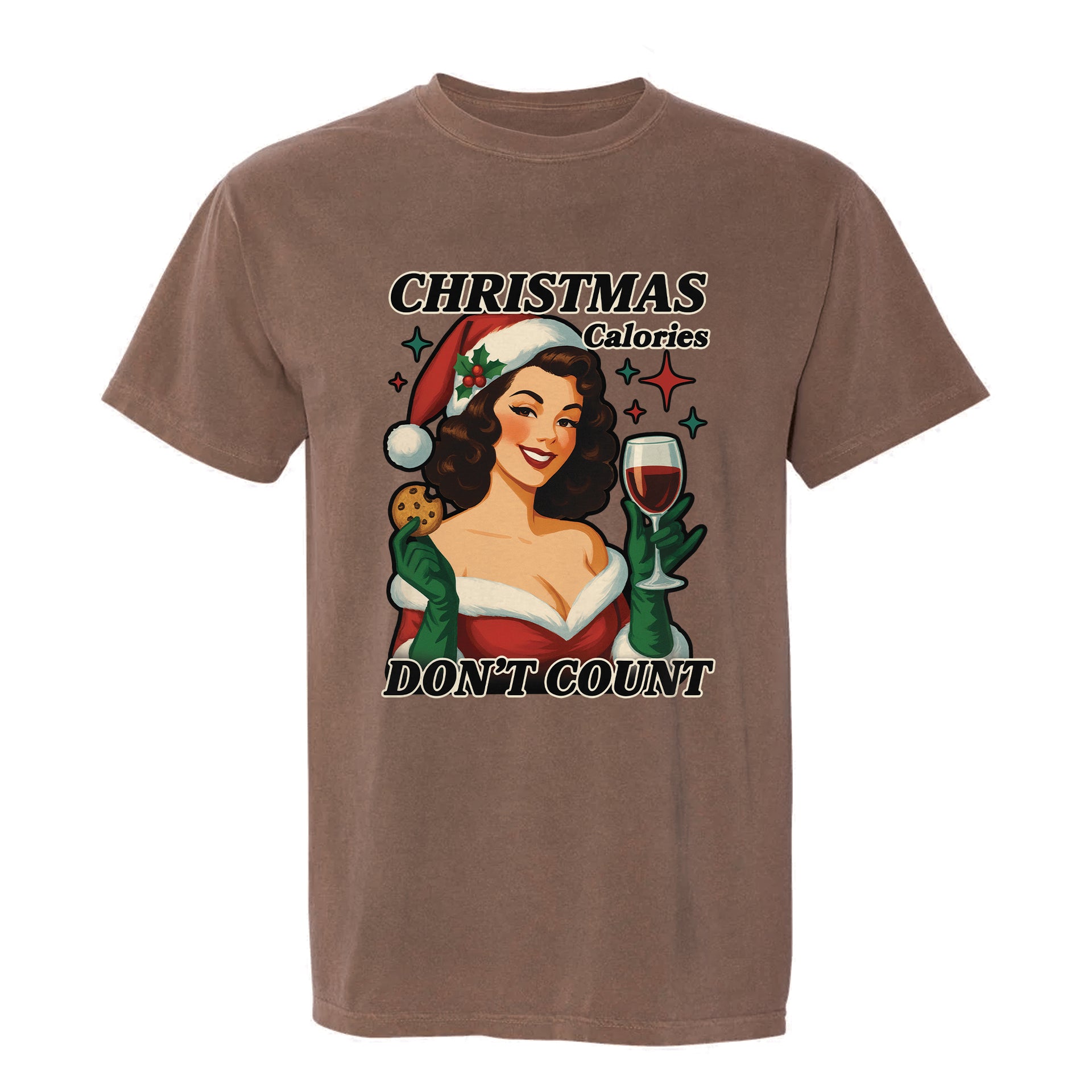 Brown Christmas graphic t-shirt with text 'Christmas Calories, Don't Count'