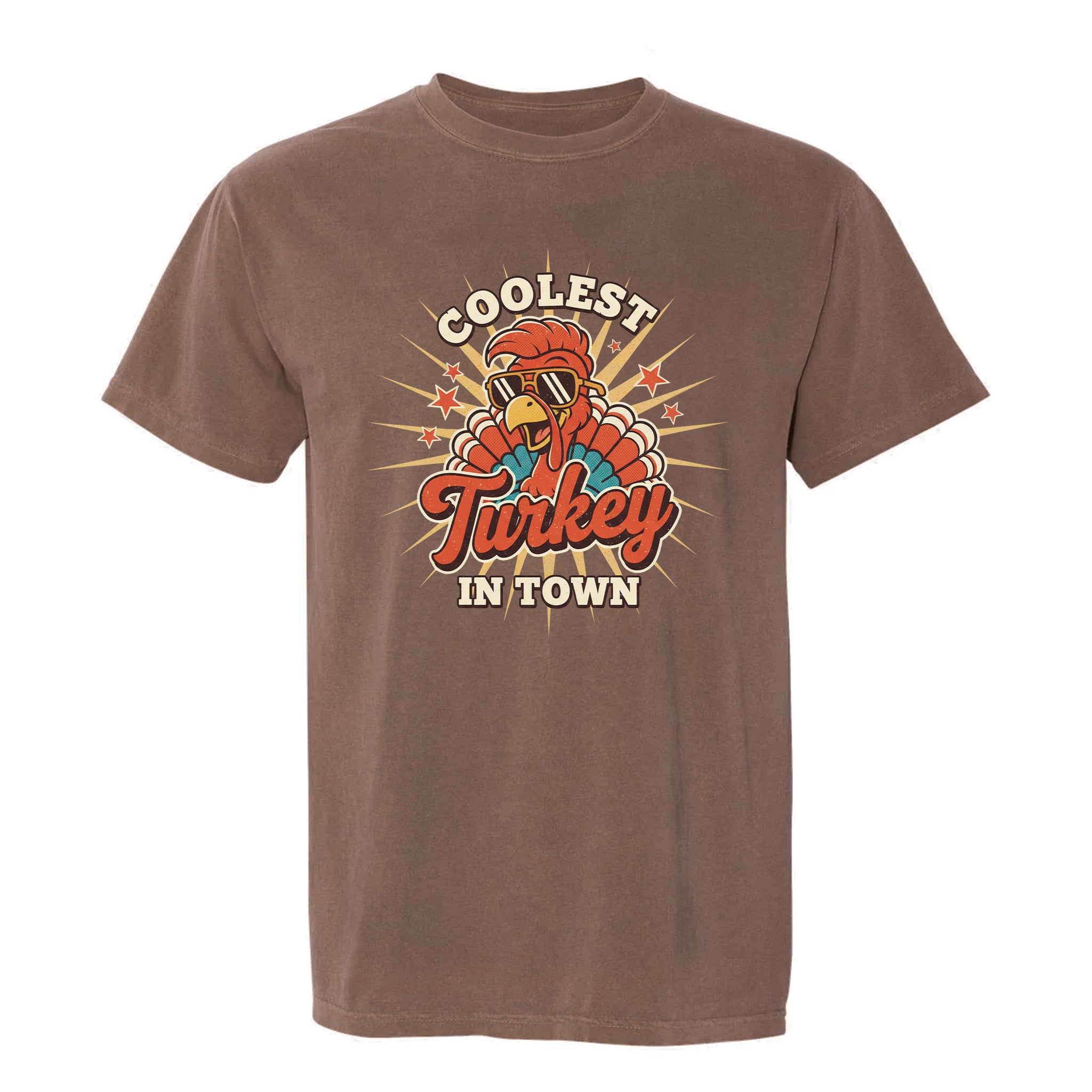 Brown Thanksgiving graphic t-shirt with 'Coolest Turkey in Town' graphic design on a white background