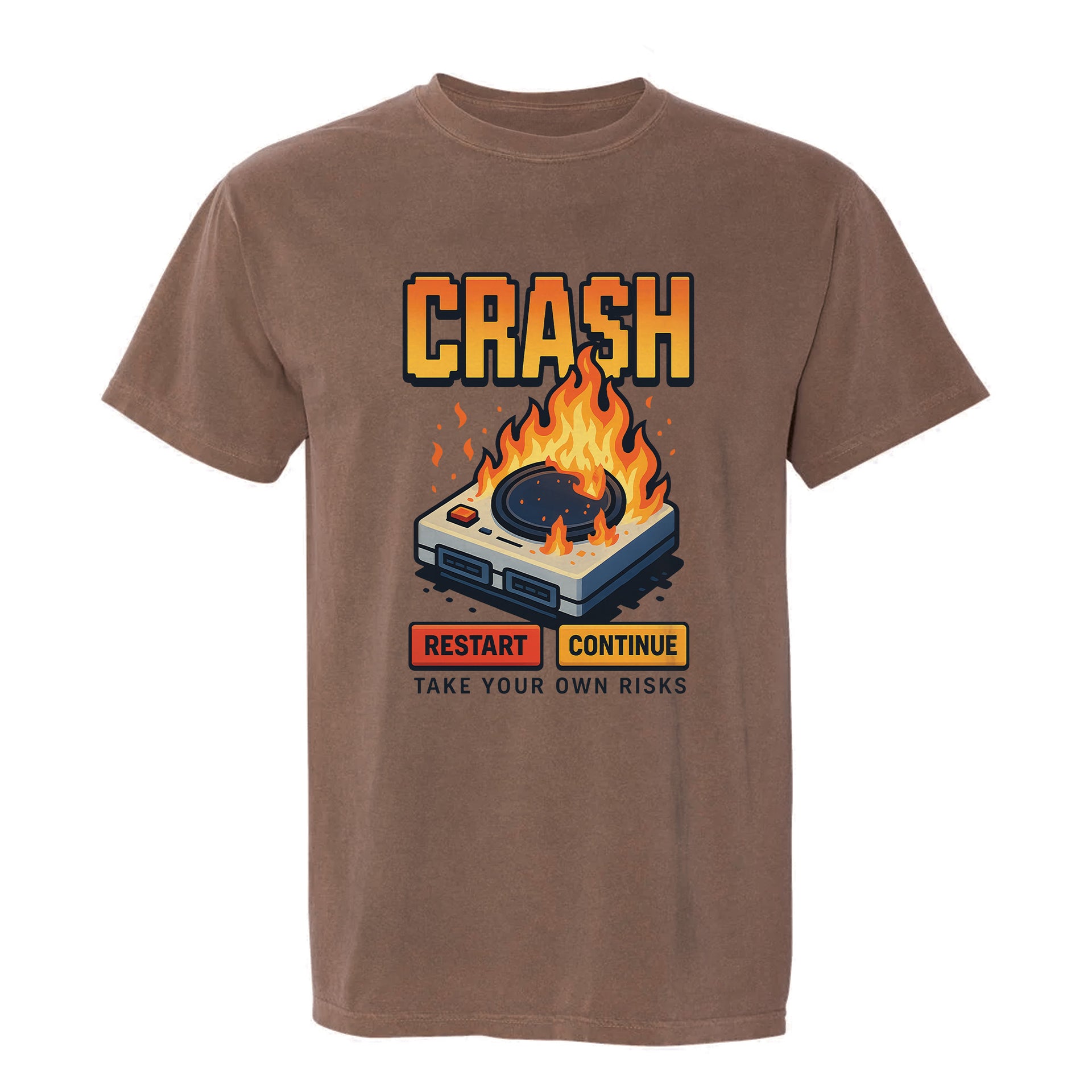 Brown funny graphic t-shirt with a flaming game console illustration and the text 'Crash Restart Continue Take Your Own Risks'.