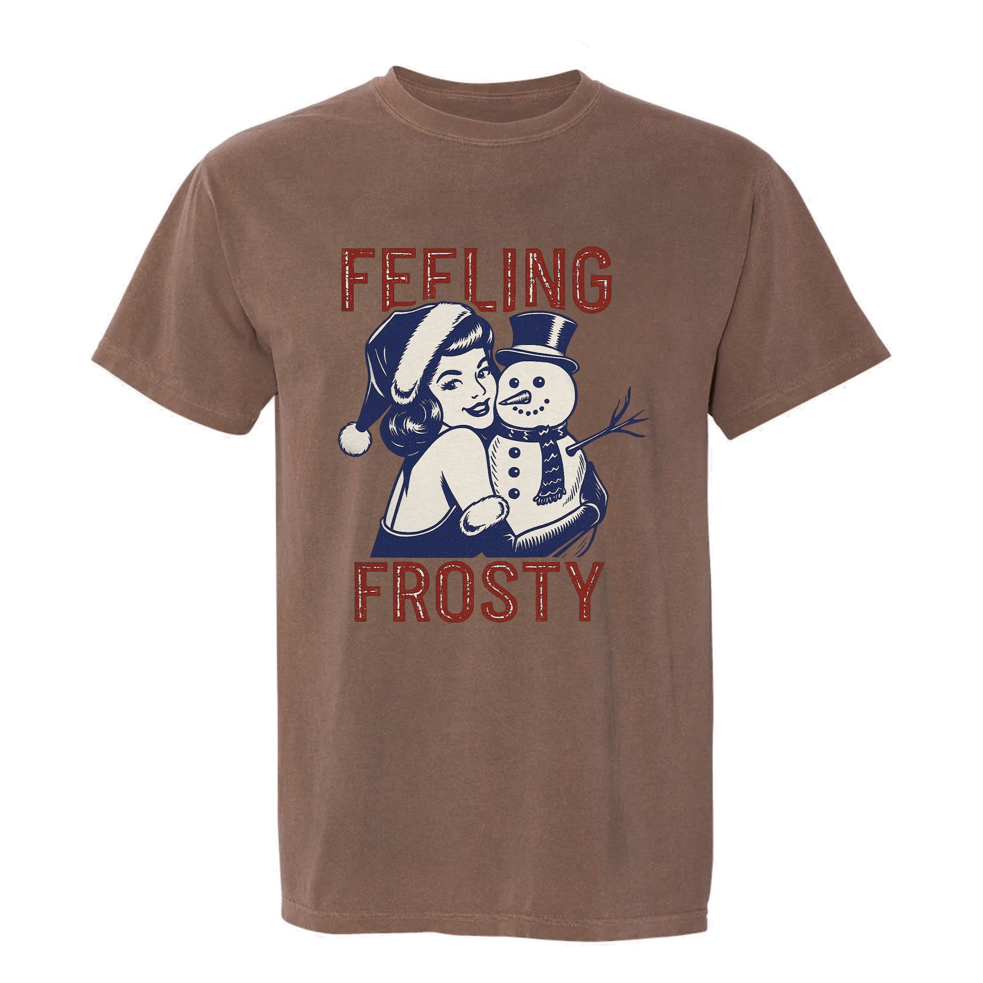 Brown Christmas graphic t-shirt with a graphic of a woman and snowman and text 'Feeling Frosty'.