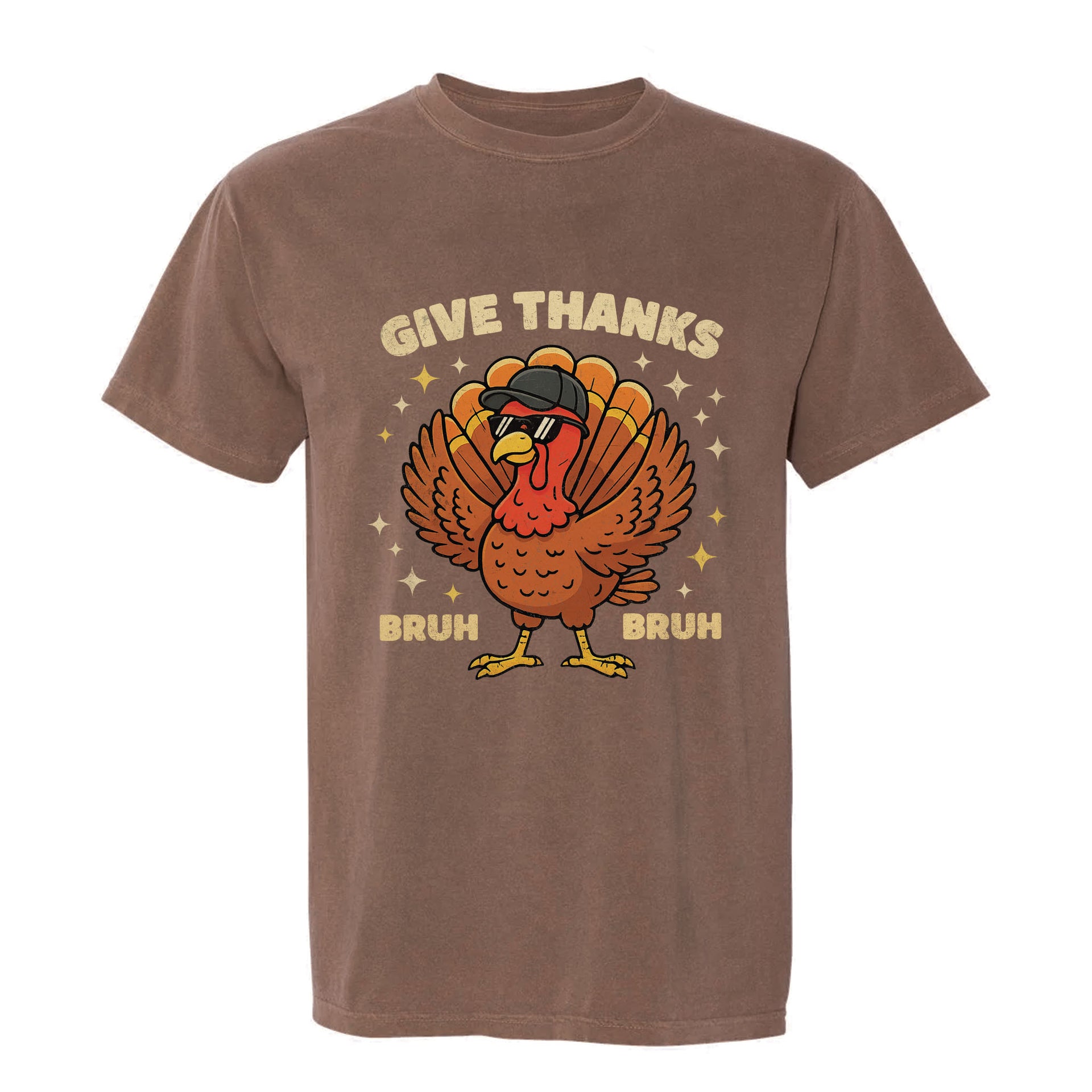 Brown Thanksgiving graphic t-shirt with a turkey graphic and text 'Give Thanks Bruh Bruh'.
