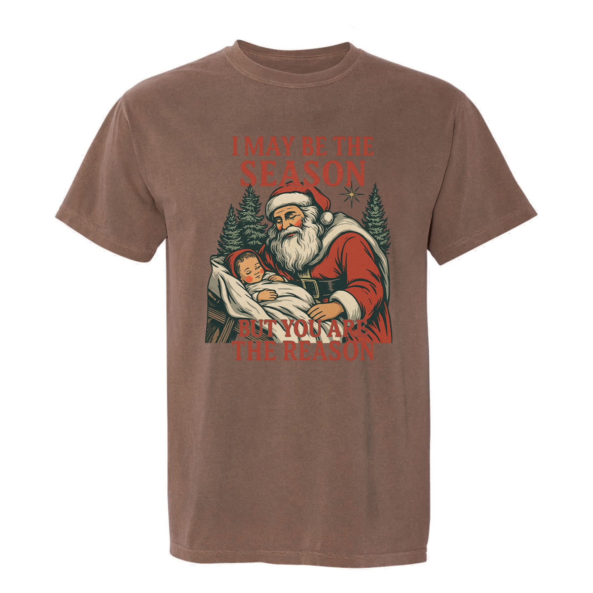 Brown Christmas graphic t-shirt with Santa Claus graphic and text.
