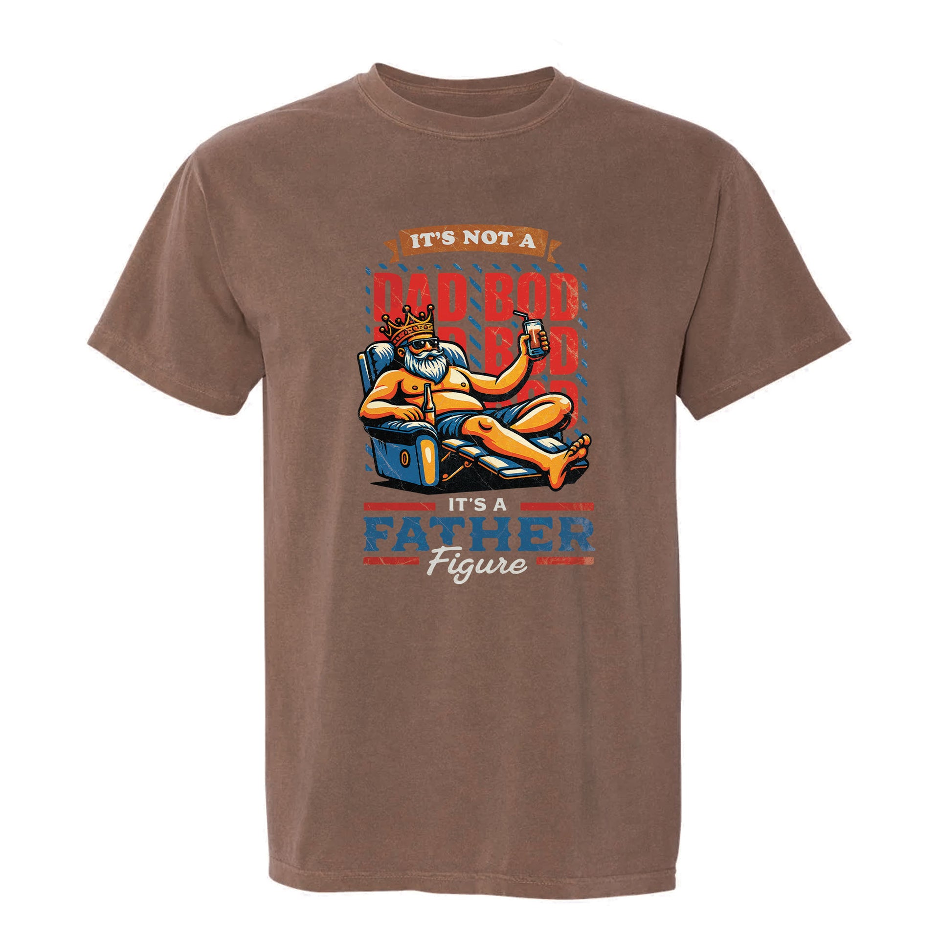 Brown funny graphic t-shirt featuring a bearded man relaxing in a blue armchair with the text "IT'S NOT A DAD BOD IT'S A FATHER FIGURE." 