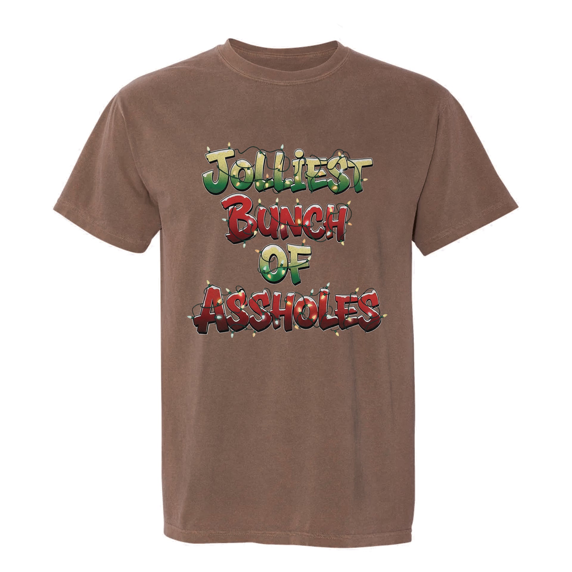 Brown Christmas graphic t-shirt with the text 'Jolliest Bunch of Assholes' in festive holiday lights design.