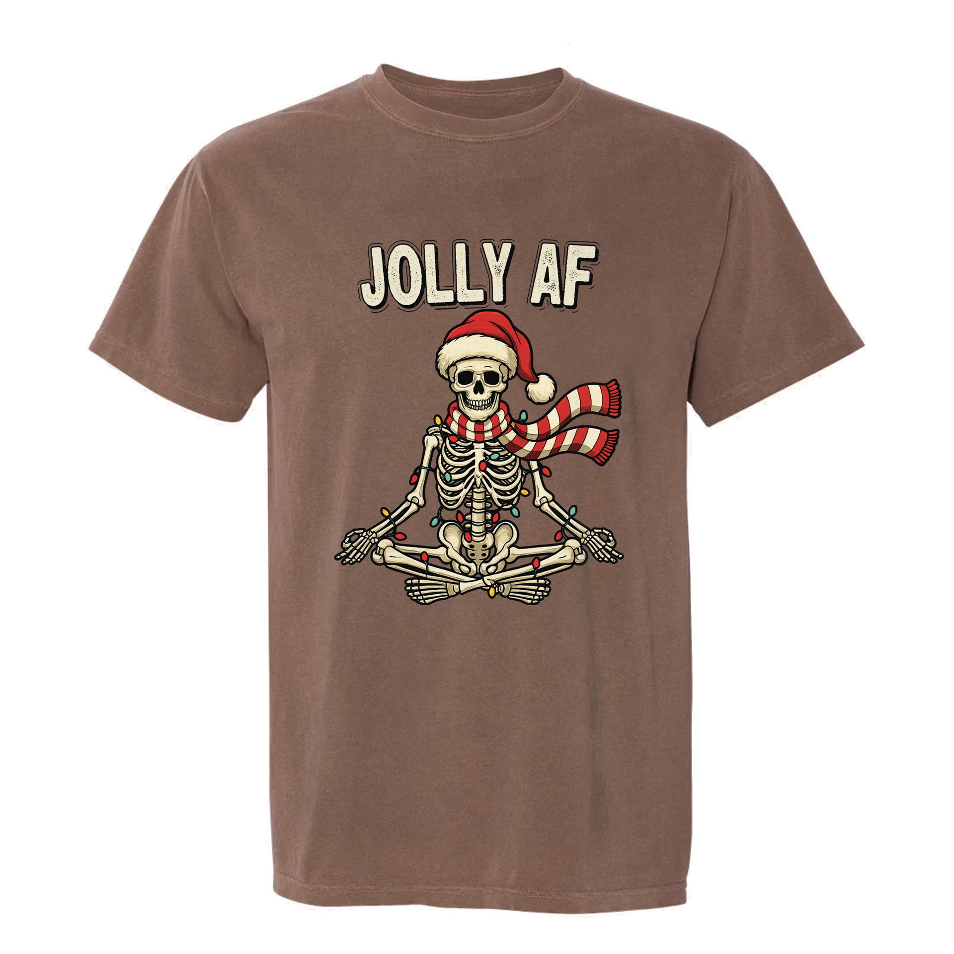 Brown Christmas graphic t-shirt with a skeleton wearing a Santa hat and scarf, wrapped in lights, and text ‘Jolly AF’.