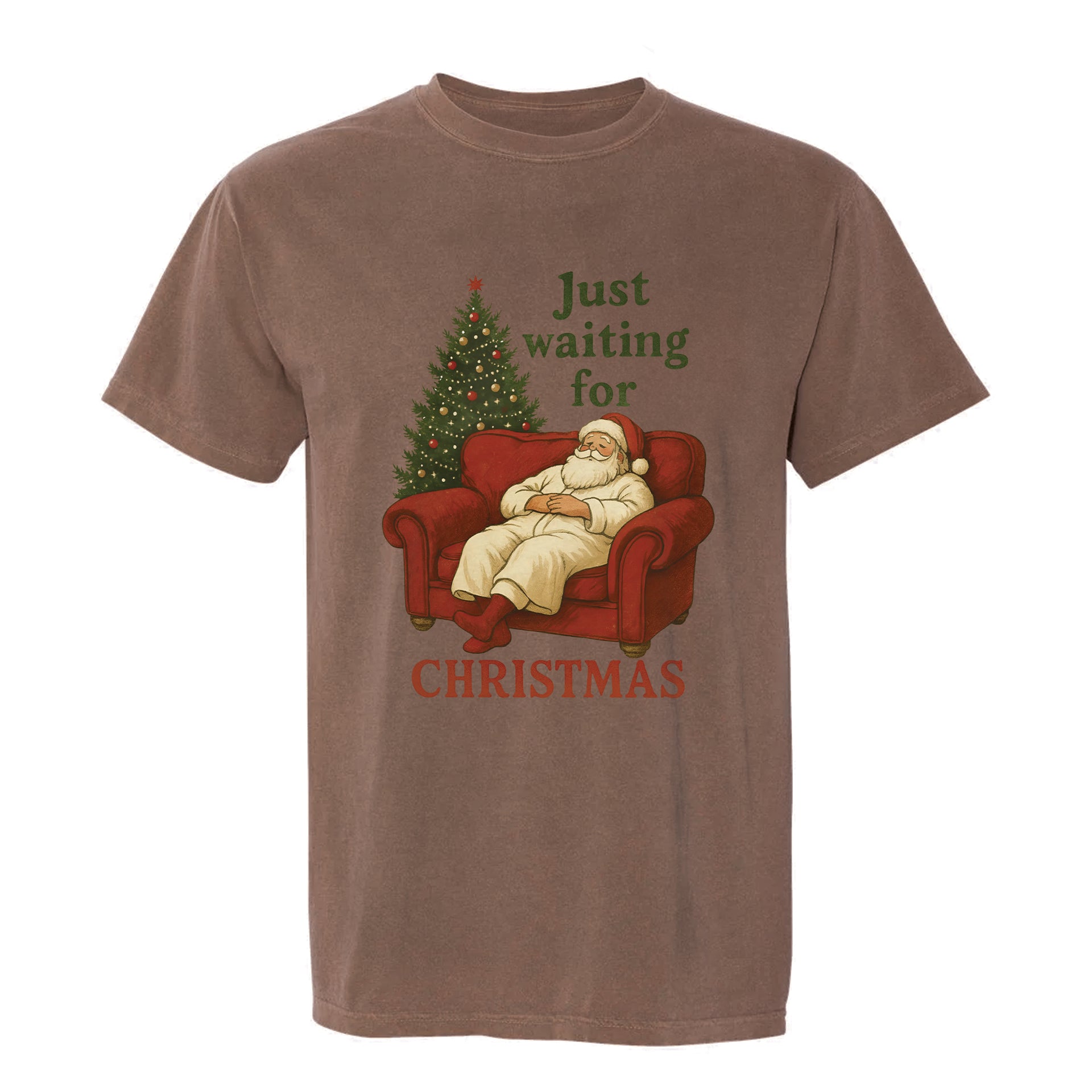 Brown Christmas graphic t-shirt with text 'Just Waiting For Christmas'