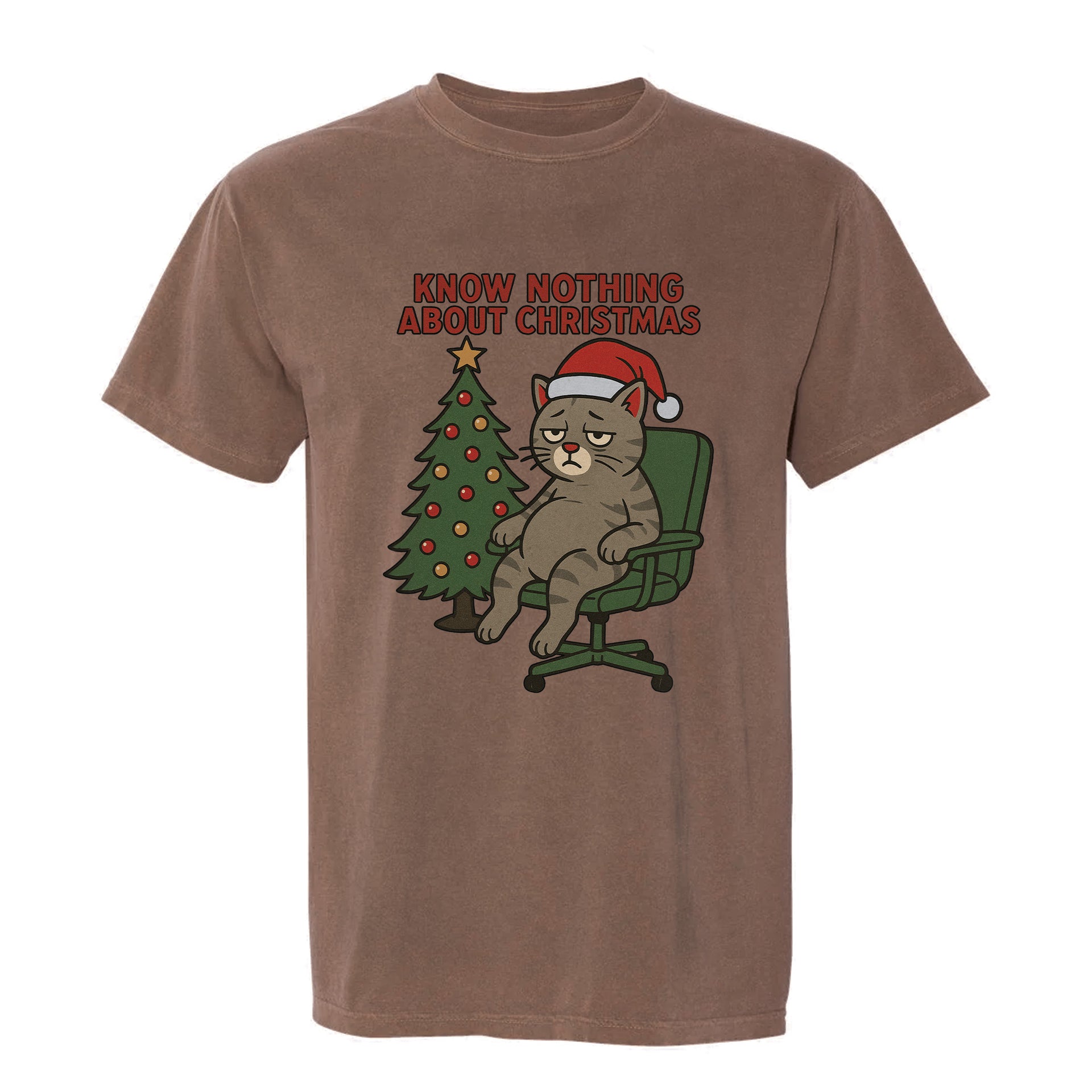 Brown Christmas graphic t-shirt with a cat wearing a Santa hat and Christmas tree graphic, text 'KNOW NOTHING ABOUT CHRISTMAS'.