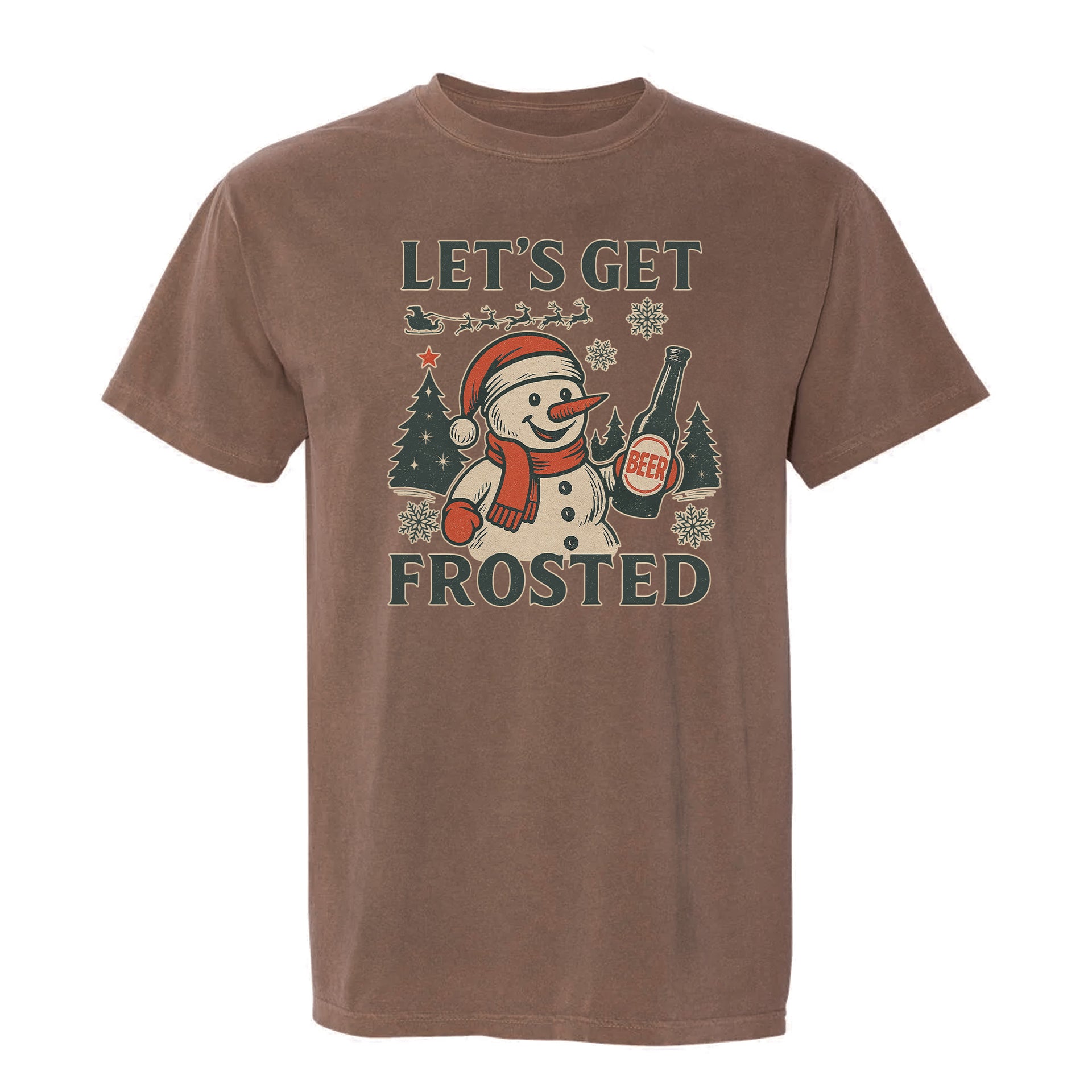 Brown Christmas graphic t-shirt with text 'Let's Get Frosted'