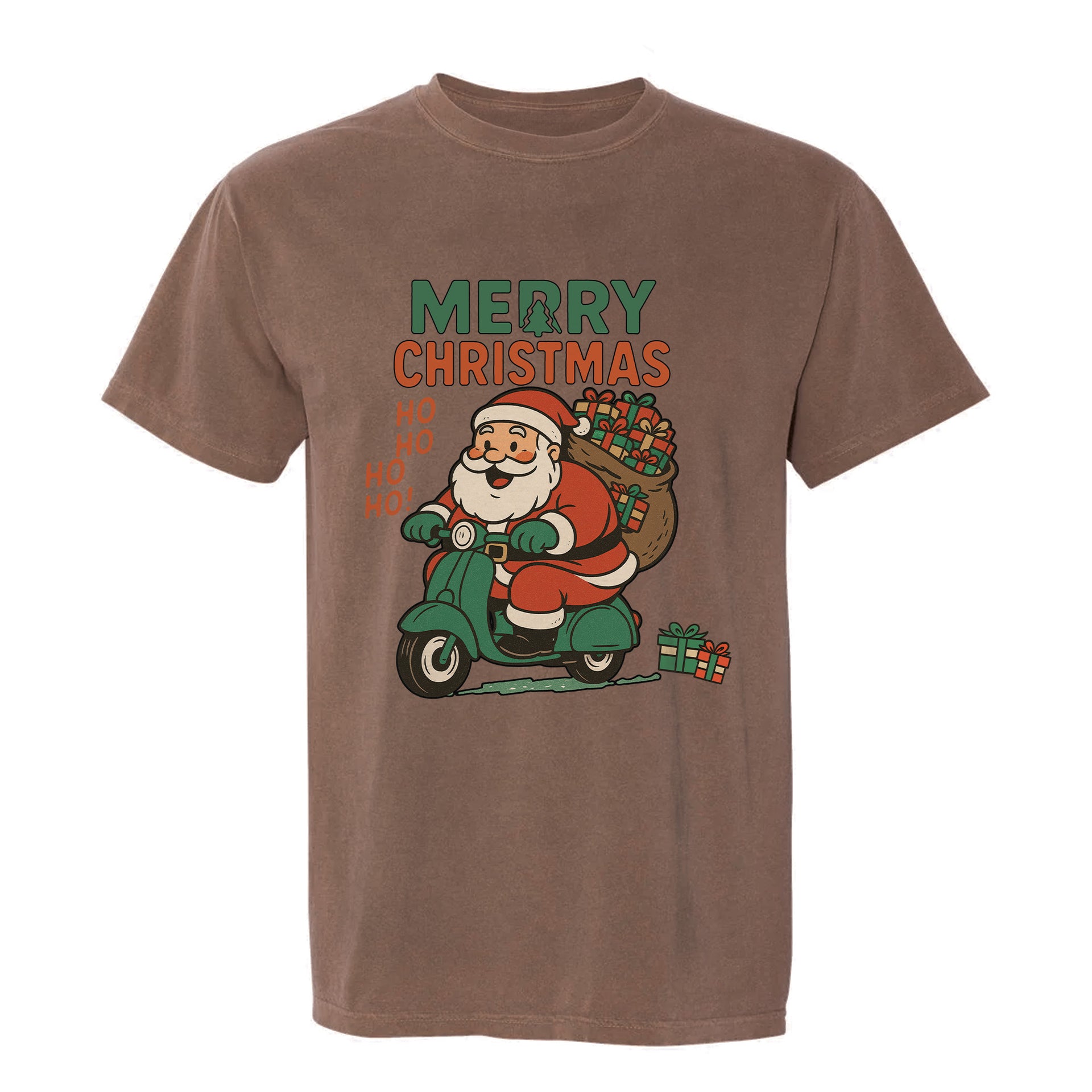 Brown Christmas graphic t-shirt with retro Santa on scooter carrying gifts, text: "MERRY CHRISTMAS HO HO HO HO!"