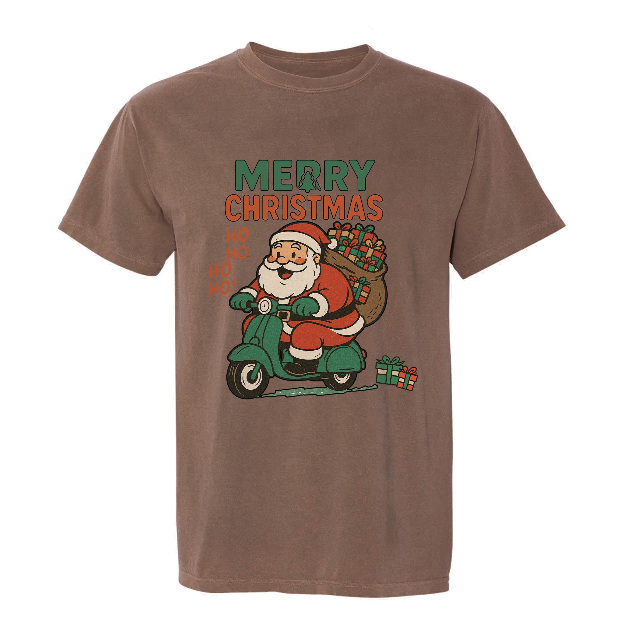 Brown Christmas graphic t-shirt with retro Santa on scooter carrying gifts, text: "MERRY CHRISTMAS HO HO HO HO!"