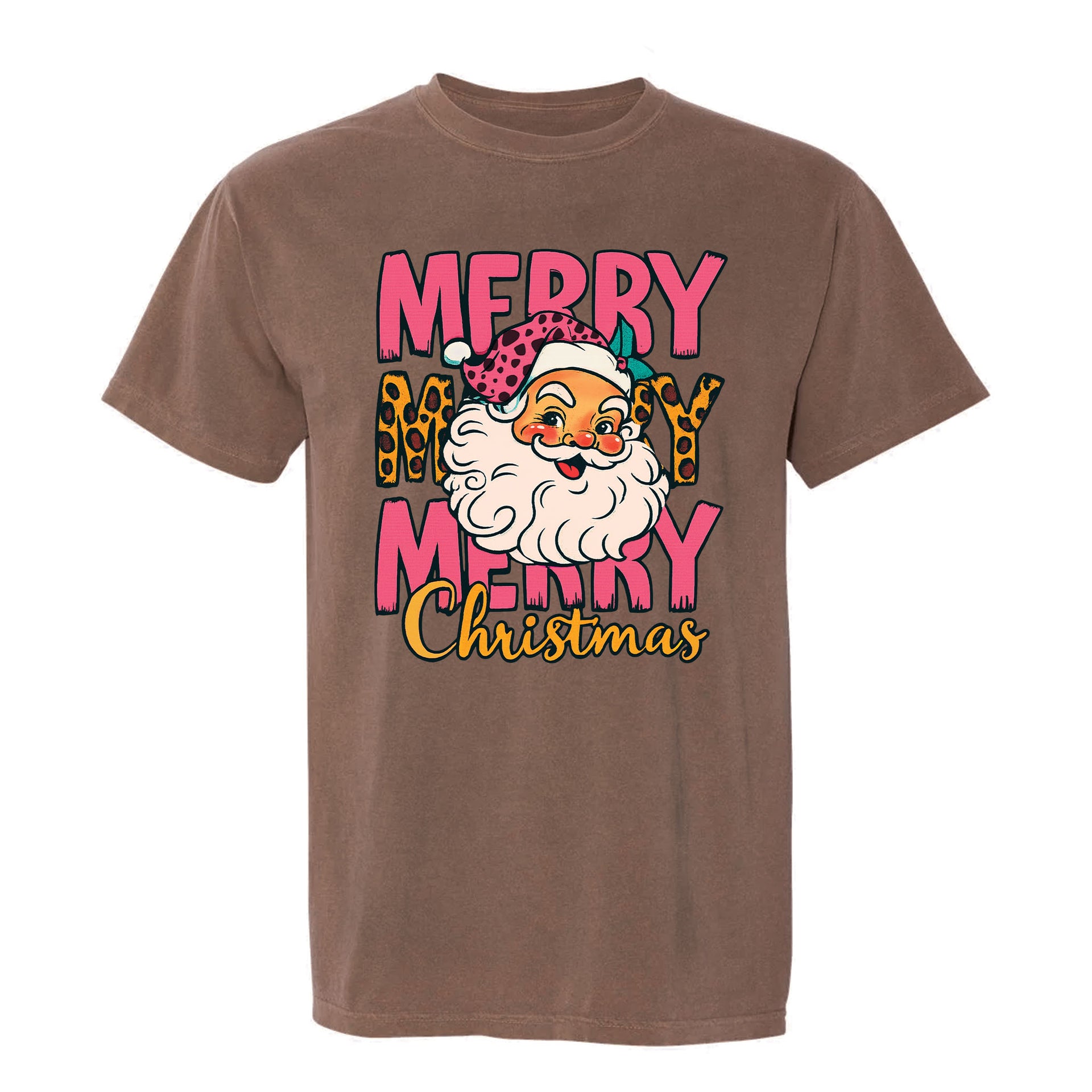 Brown Christmas graphic t-shirt with groovy Santa and leopard hat, text: "MERRY MERRY MERRY Christmas."