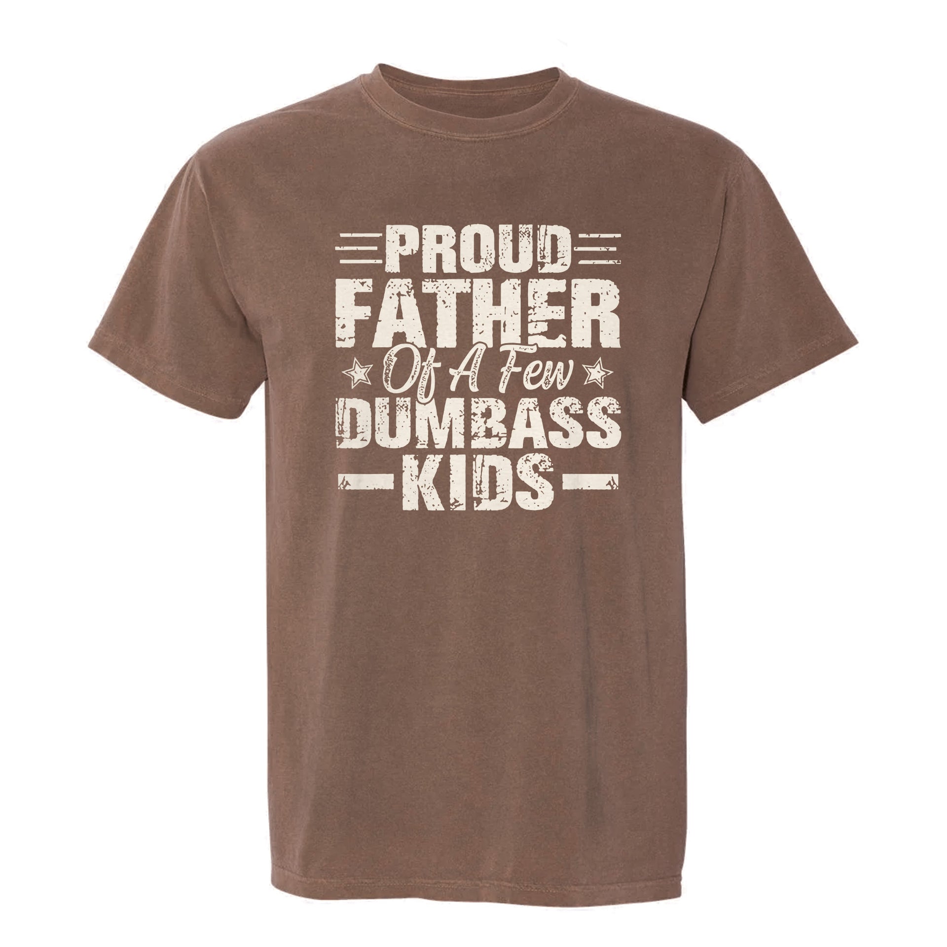 Brown funny graphic t-shirt featuring bold block text: “PROUD FATHER OF A FEW DUMBASS KIDS.”