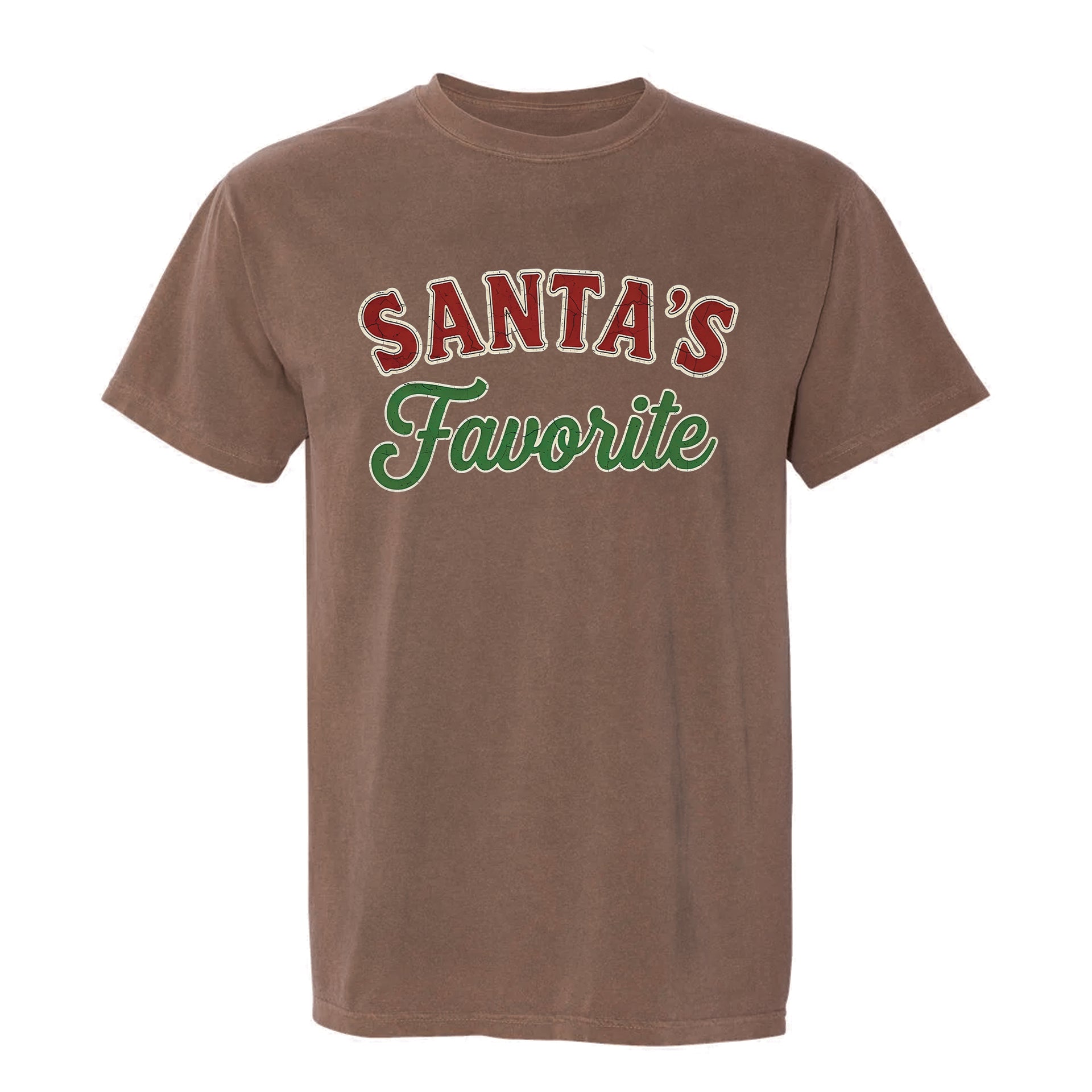 Brown Christmas graphic t-shirt with text "Santa's Favorite".